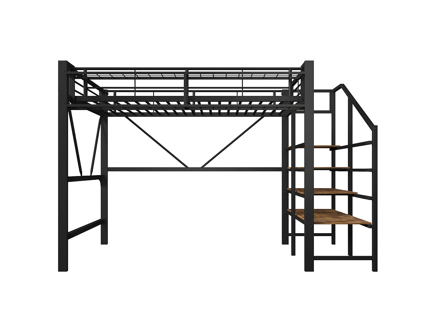 Lit mezzanine 140 x 200 cm avec étagère en escalier et LEDs - Structure en métal - Noir