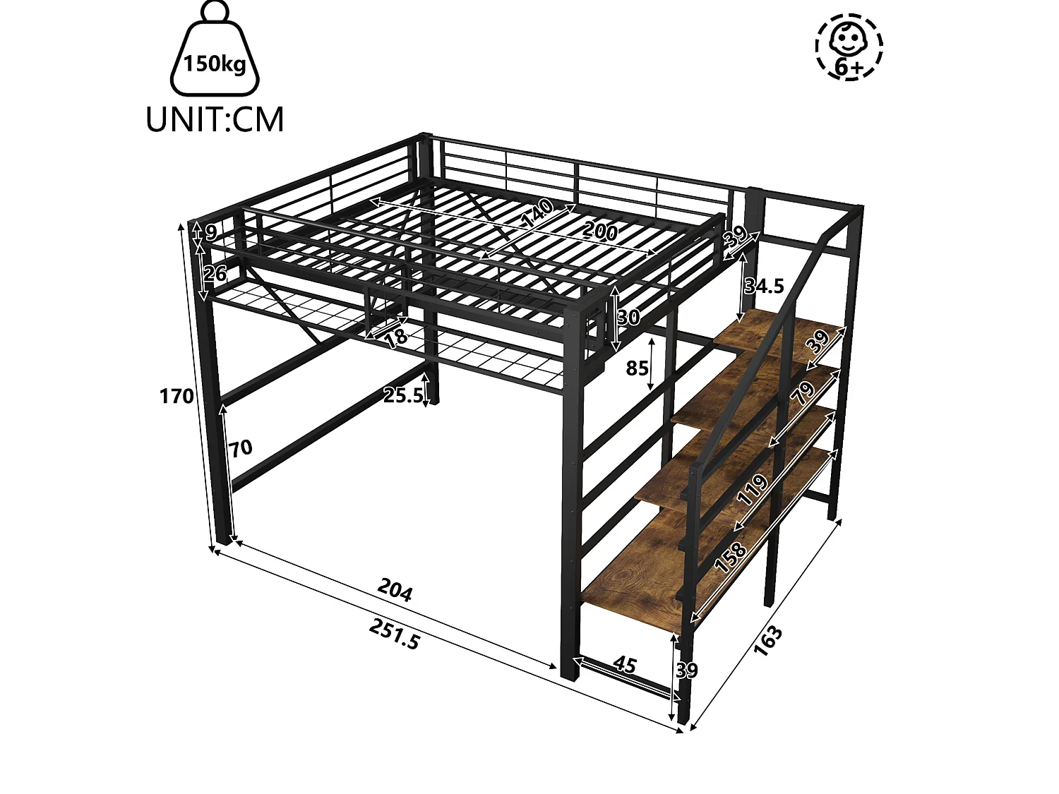 Lit mezzanine 140 x 200 cm avec étagère en escalier et LEDs - Structure en métal - Noir