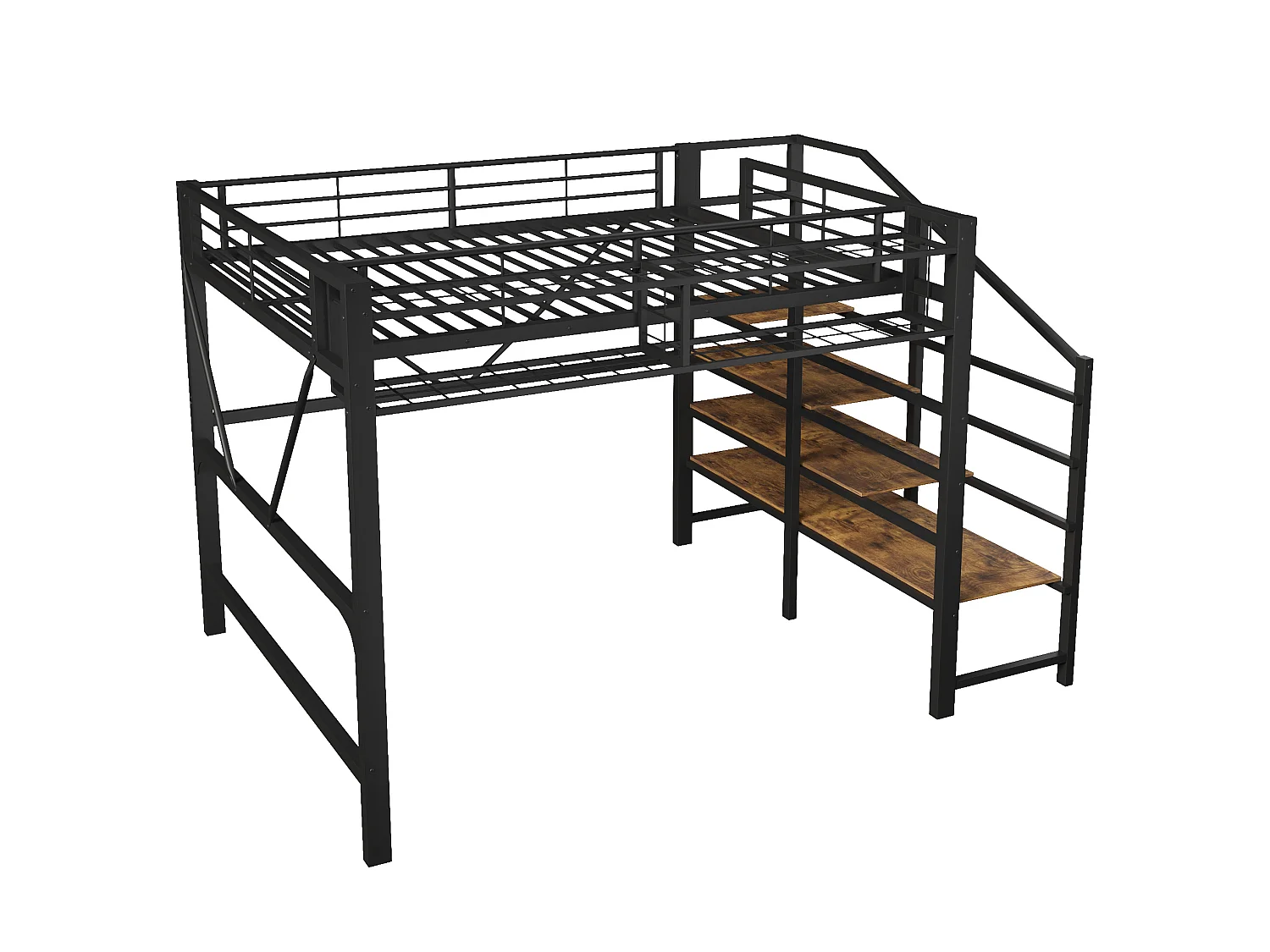 Lit mezzanine 140 x 200 cm avec étagère en escalier et LEDs - Structure en métal - Noir