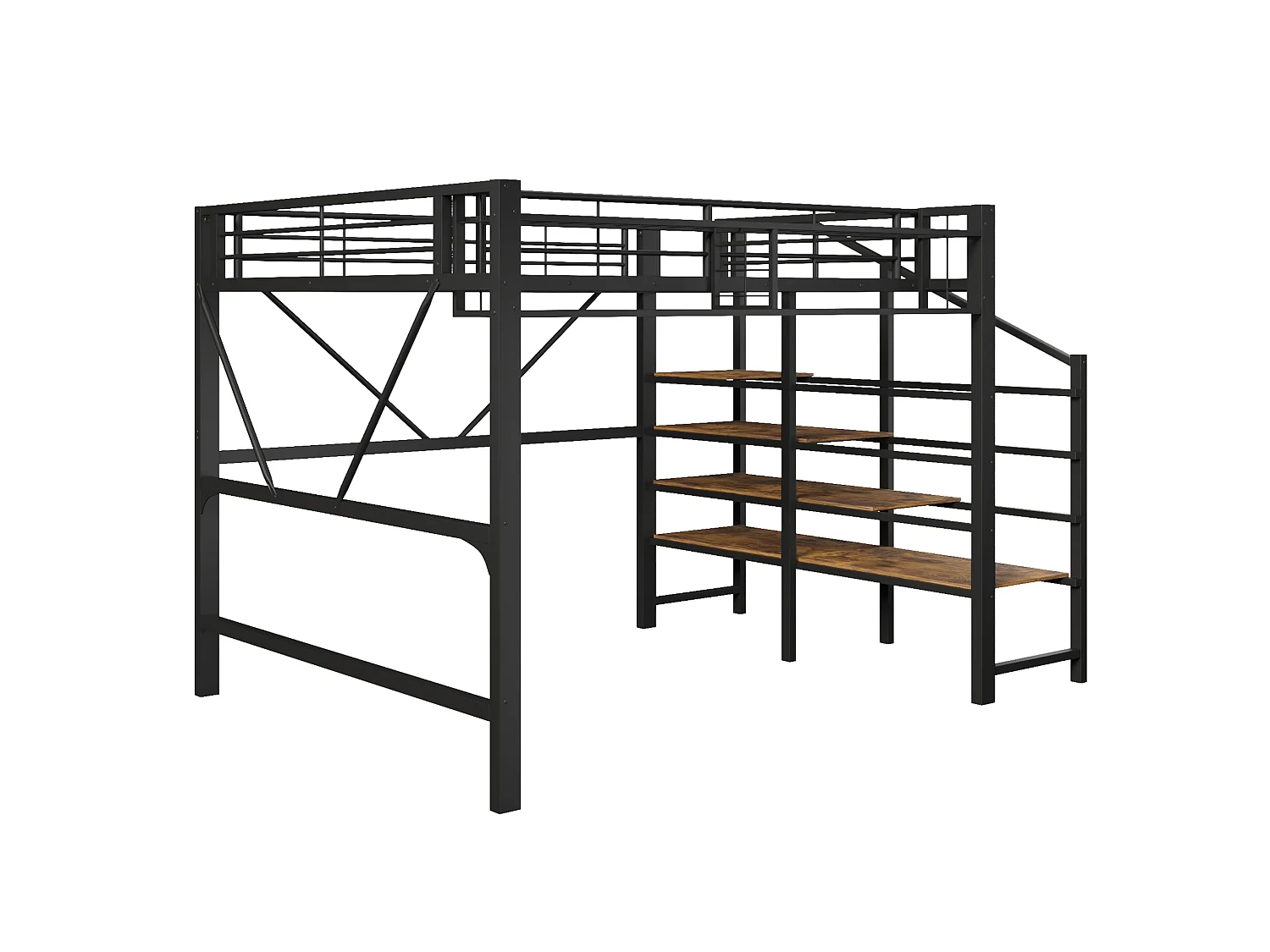 Lit mezzanine 140 x 200 cm avec étagère en escalier et LEDs - Structure en métal - Noir