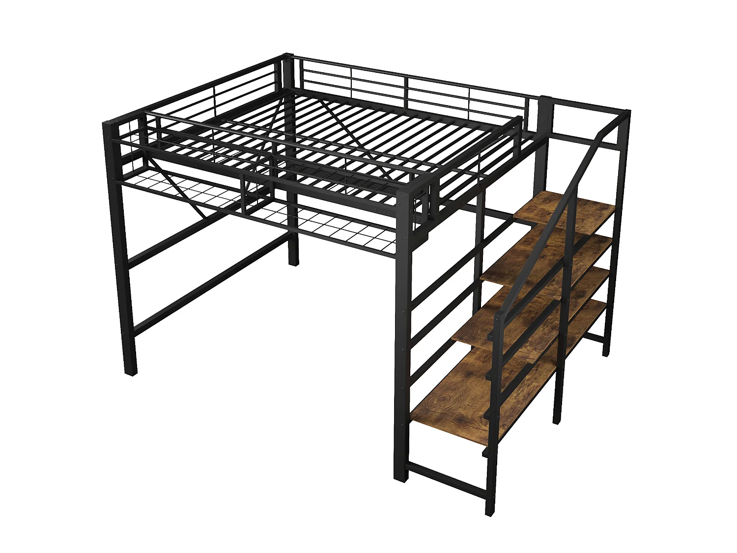 Lit mezzanine 140 x 200 cm avec étagère en escalier et LEDs - Structure en métal - Noir