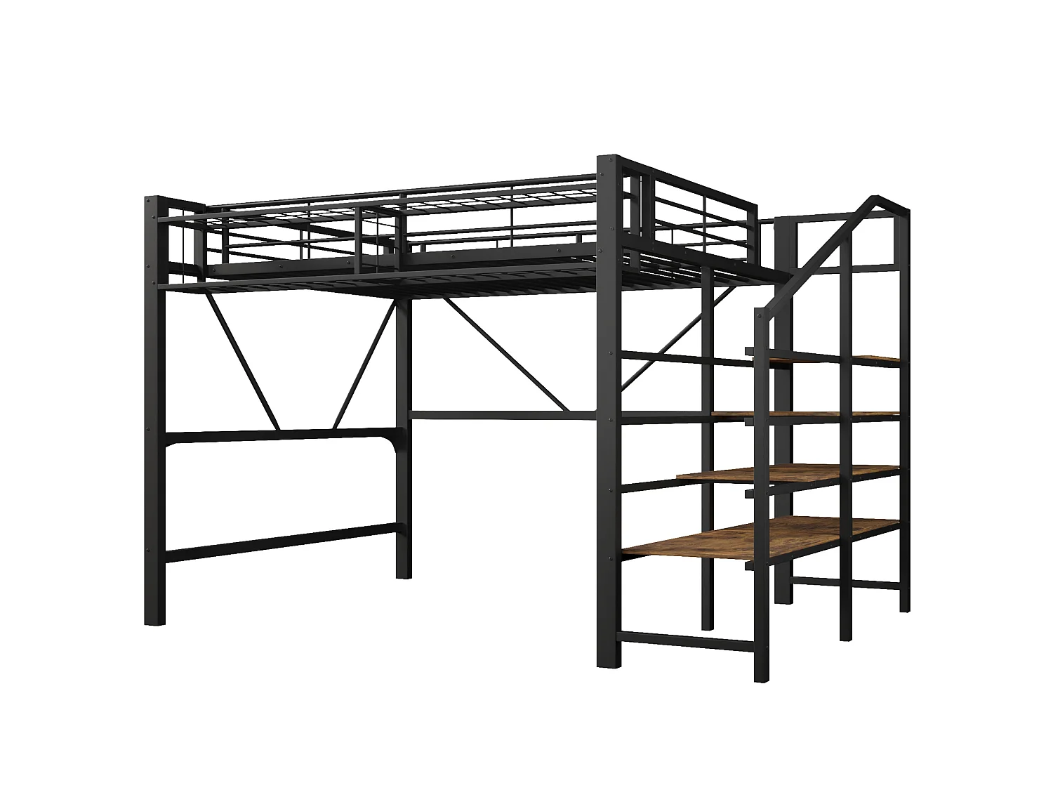 Lit mezzanine 140 x 200 cm avec étagère en escalier et LEDs - Structure en métal - Noir