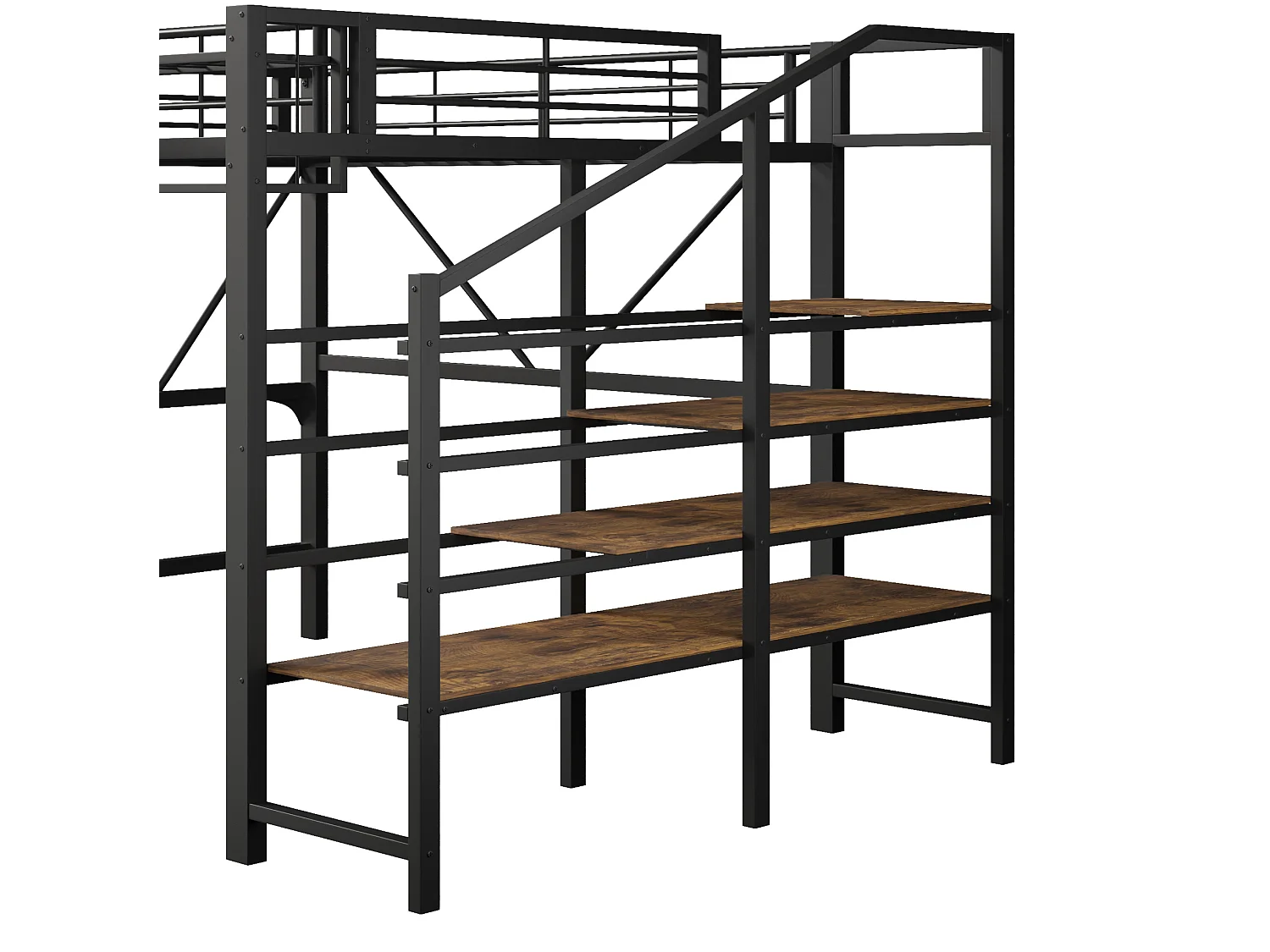 Lit mezzanine 140 x 200 cm avec étagère en escalier et LEDs - Structure en métal - Noir