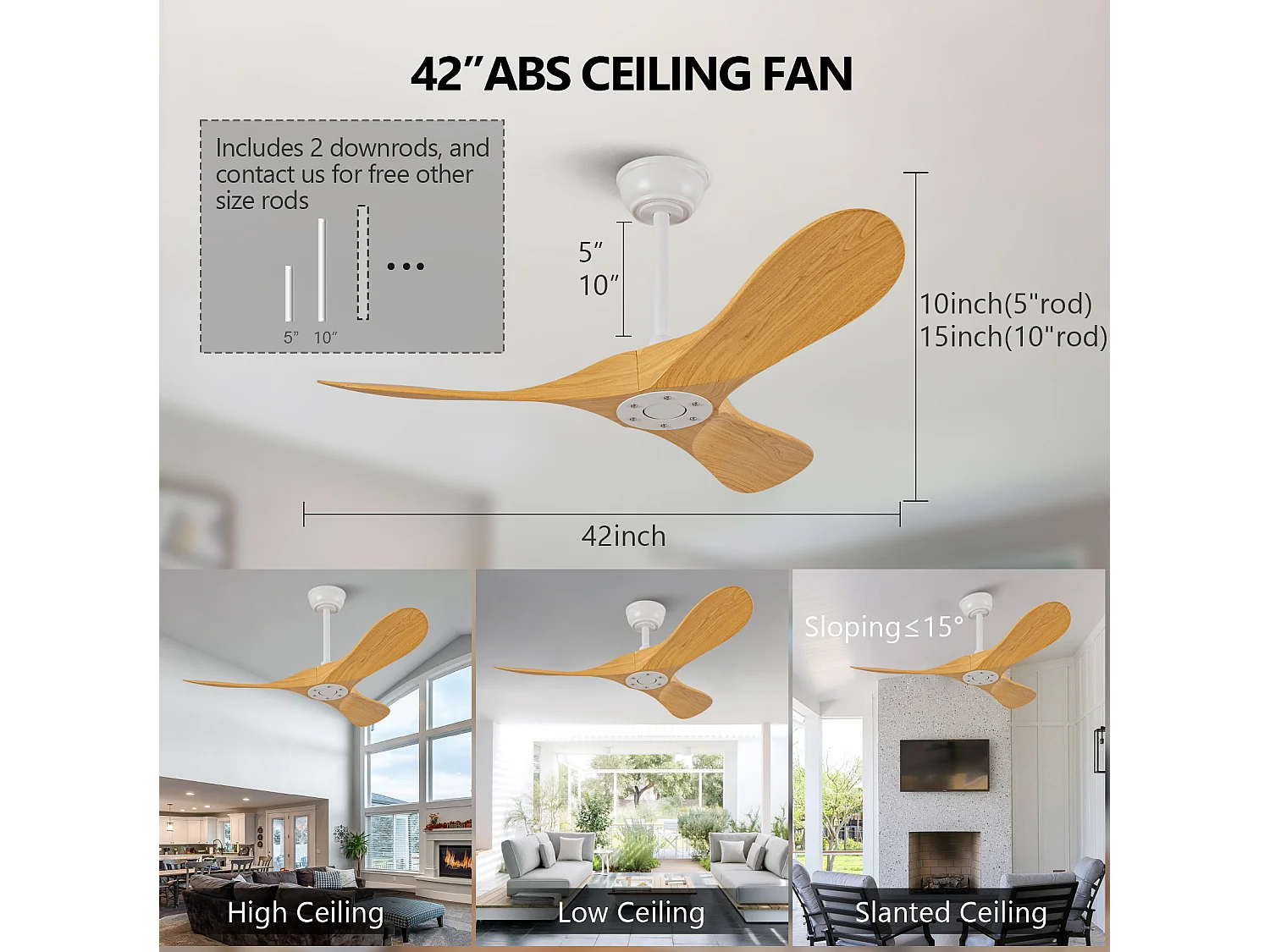 Ventilateur de plafond de 107 cm avec 6 vitesses et 3 pales - Moteur CC réversible - Blanc et naturel