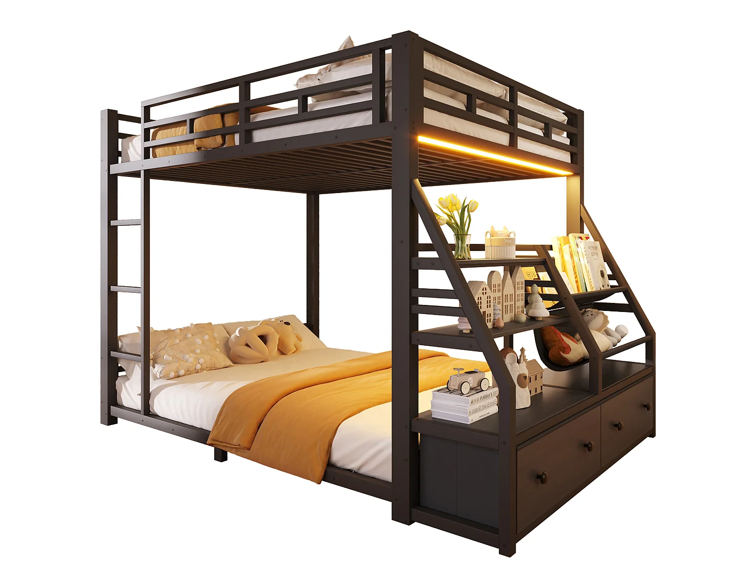 Lit superposé 140 x 200 cm avec éclairage LED et 2 tiroirs en tissu - Métal et bois - Noir