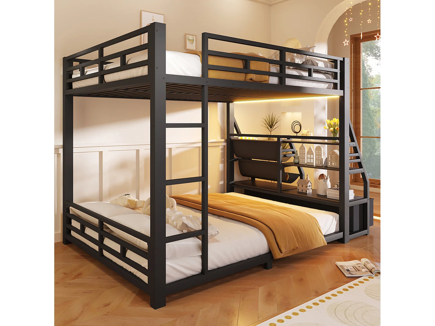 Lit superposé 140 x 200 cm avec éclairage LED et 2 tiroirs en tissu - Métal et bois - Noir
