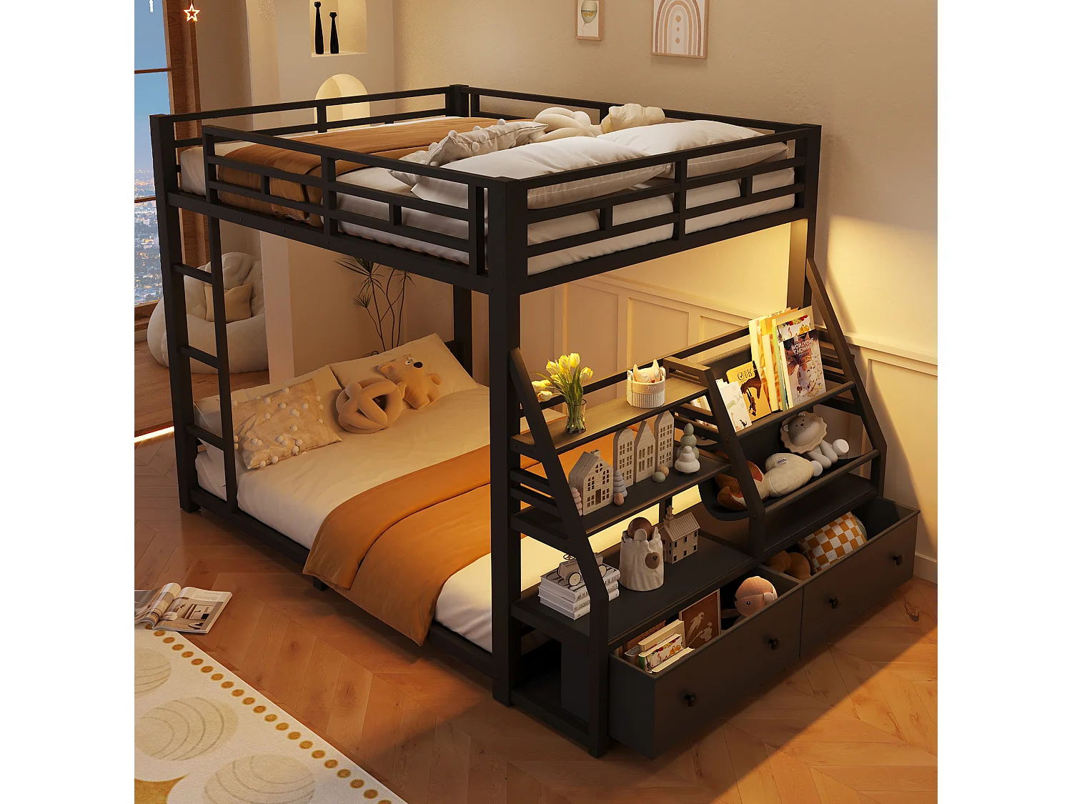 Lit superposé 140 x 200 cm avec éclairage LED et 2 tiroirs en tissu - Métal et bois - Noir
