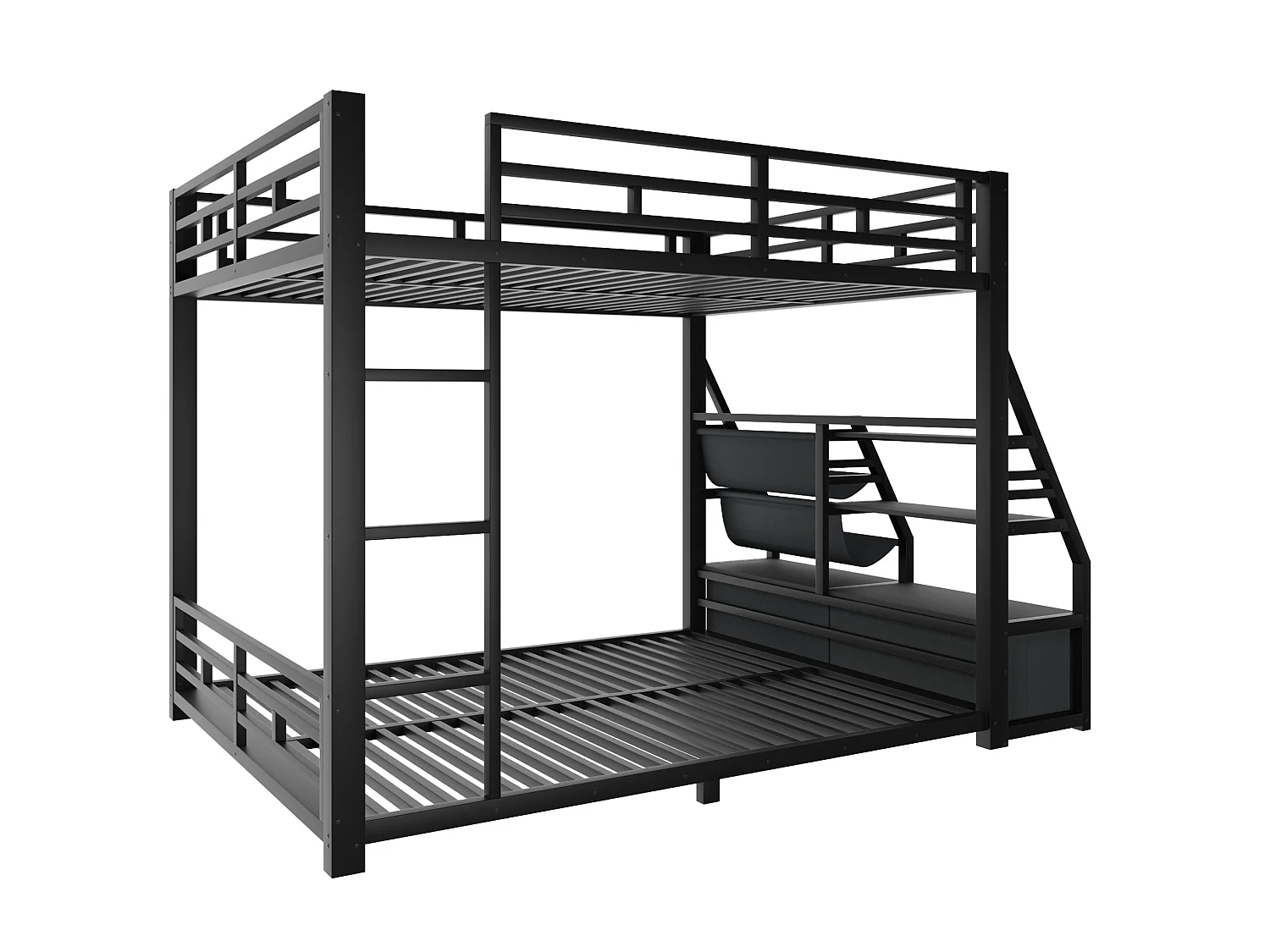 Lit superposé 140 x 200 cm avec éclairage LED et 2 tiroirs en tissu - Métal et bois - Noir