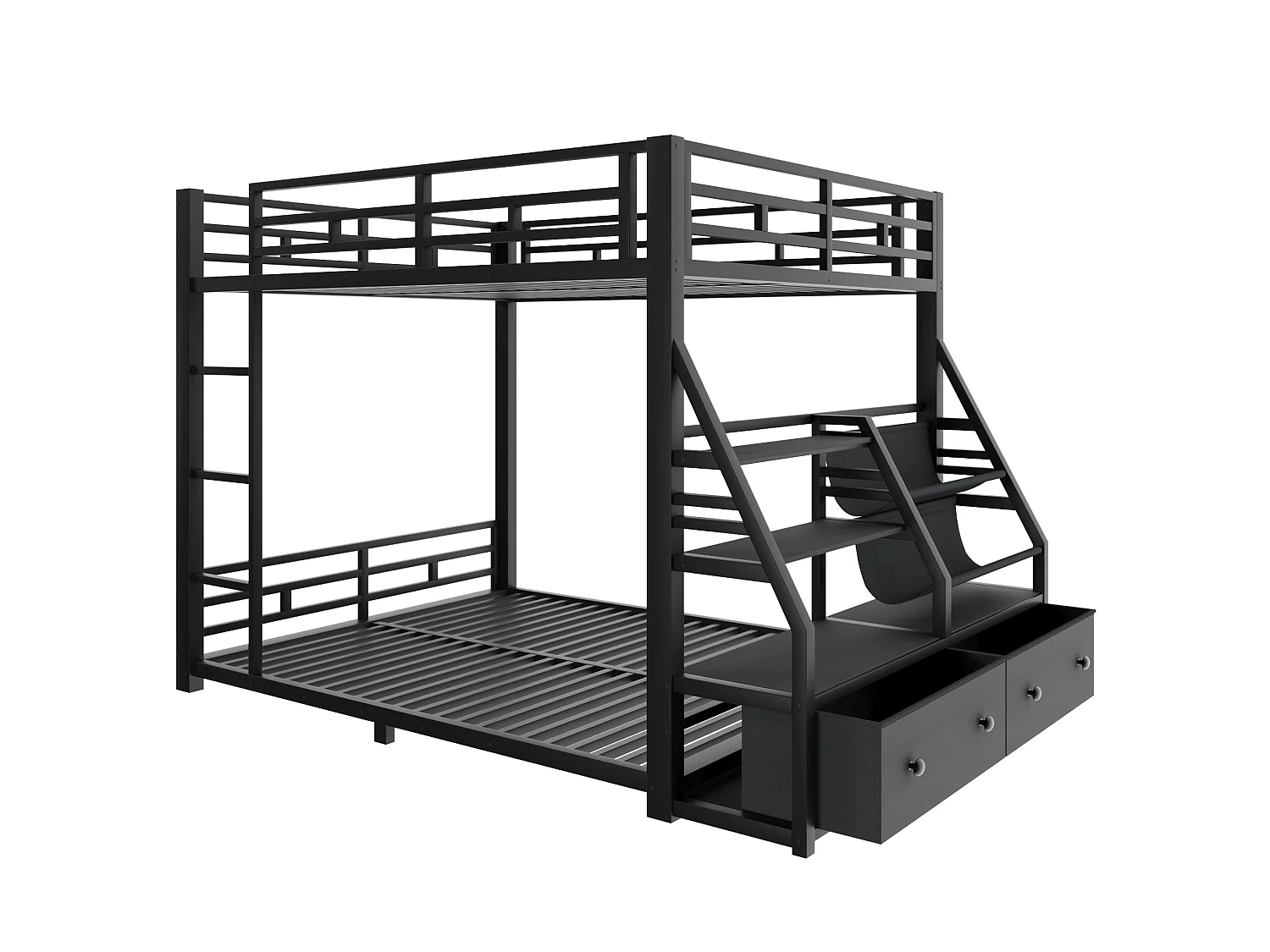 Lit superposé 140 x 200 cm avec éclairage LED et 2 tiroirs en tissu - Métal et bois - Noir