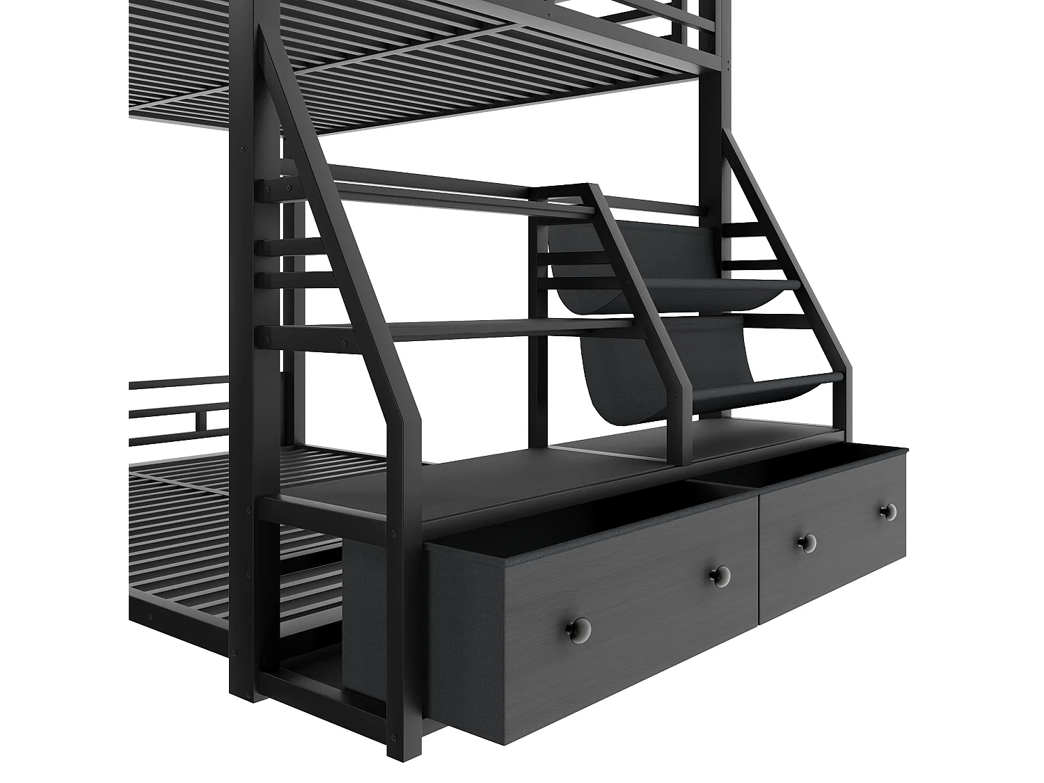 Lit superposé 140 x 200 cm avec éclairage LED et 2 tiroirs en tissu - Métal et bois - Noir