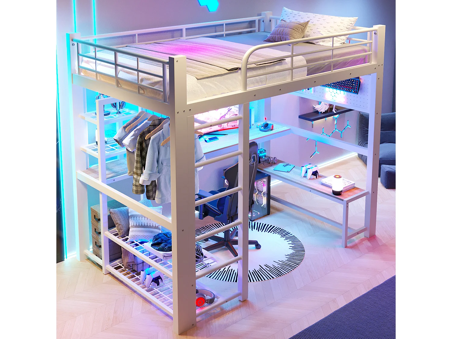 Lit mezzanine 140x200 cm en métal avec LED, étagères et bureau - Blanc