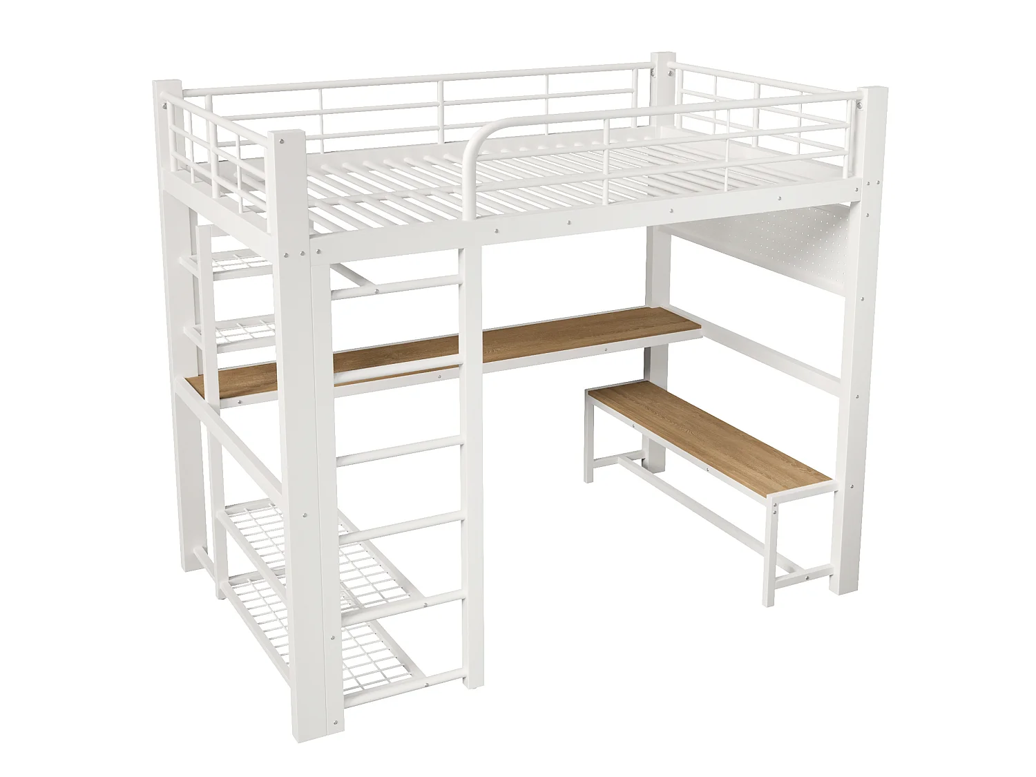 Lit mezzanine 140x200 cm en métal avec LED, étagères et bureau - Blanc