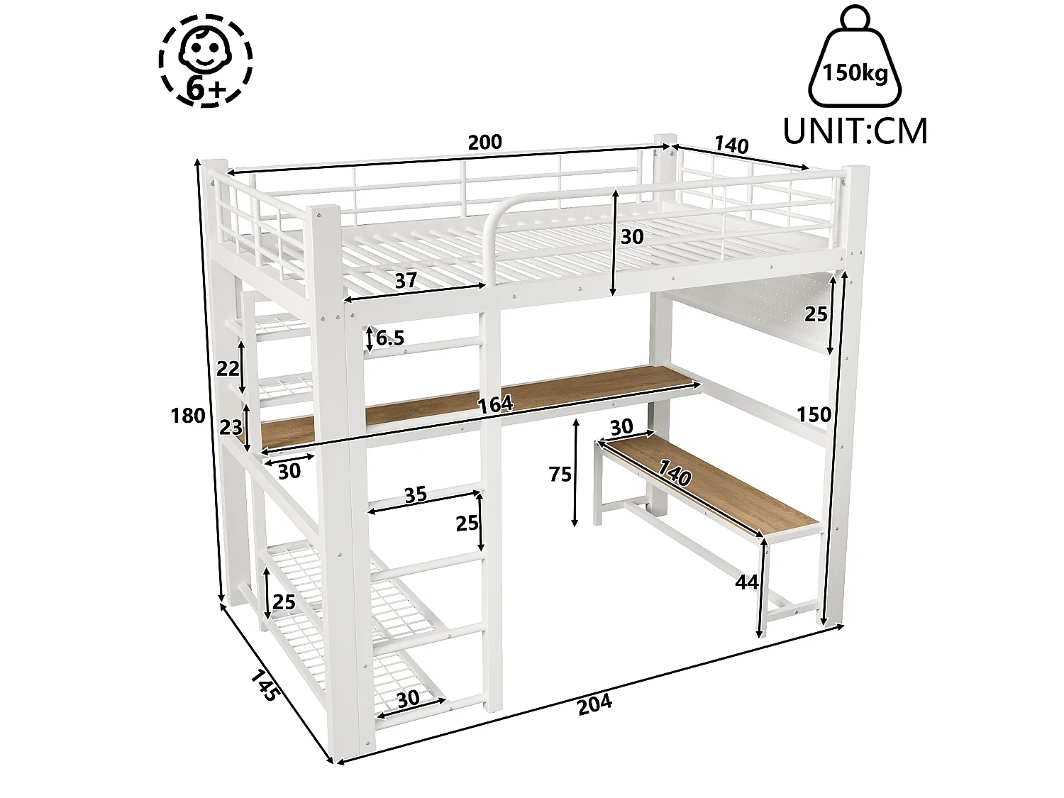 Lit mezzanine 140x200 cm en métal avec LED, étagères et bureau - Blanc