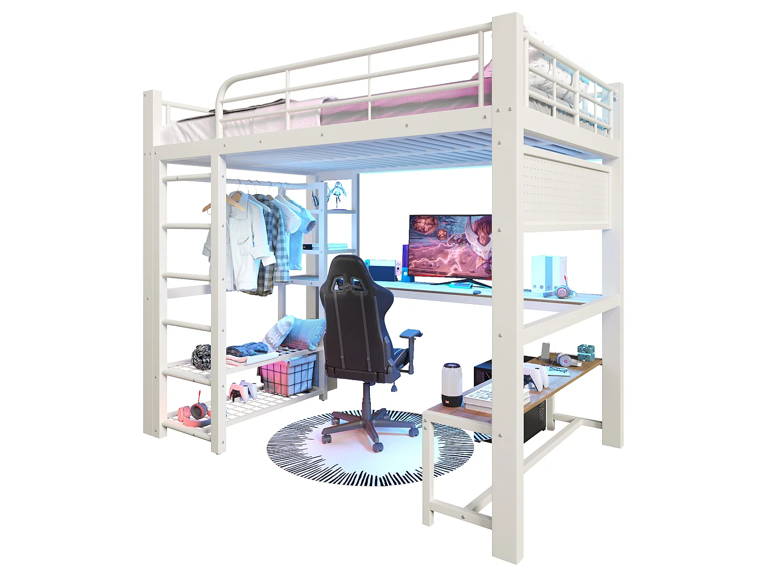 Lit mezzanine 140x200 cm en métal avec LED, étagères et bureau - Blanc