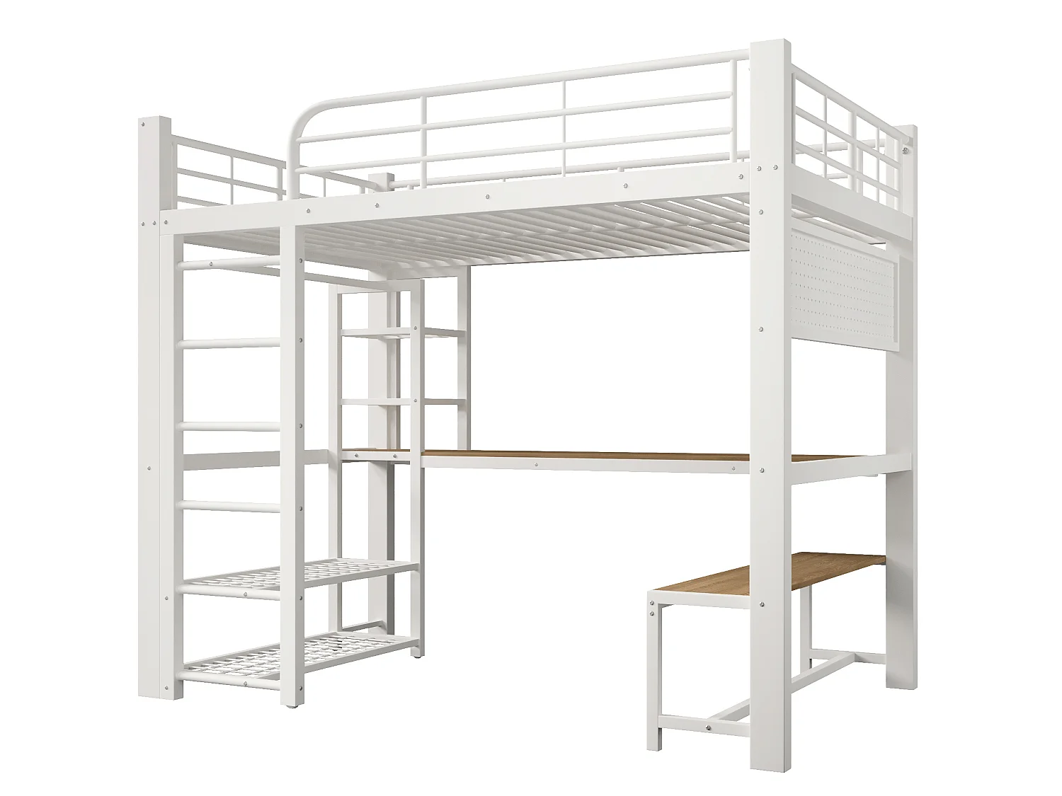 Lit mezzanine 140x200 cm en métal avec LED, étagères et bureau - Blanc