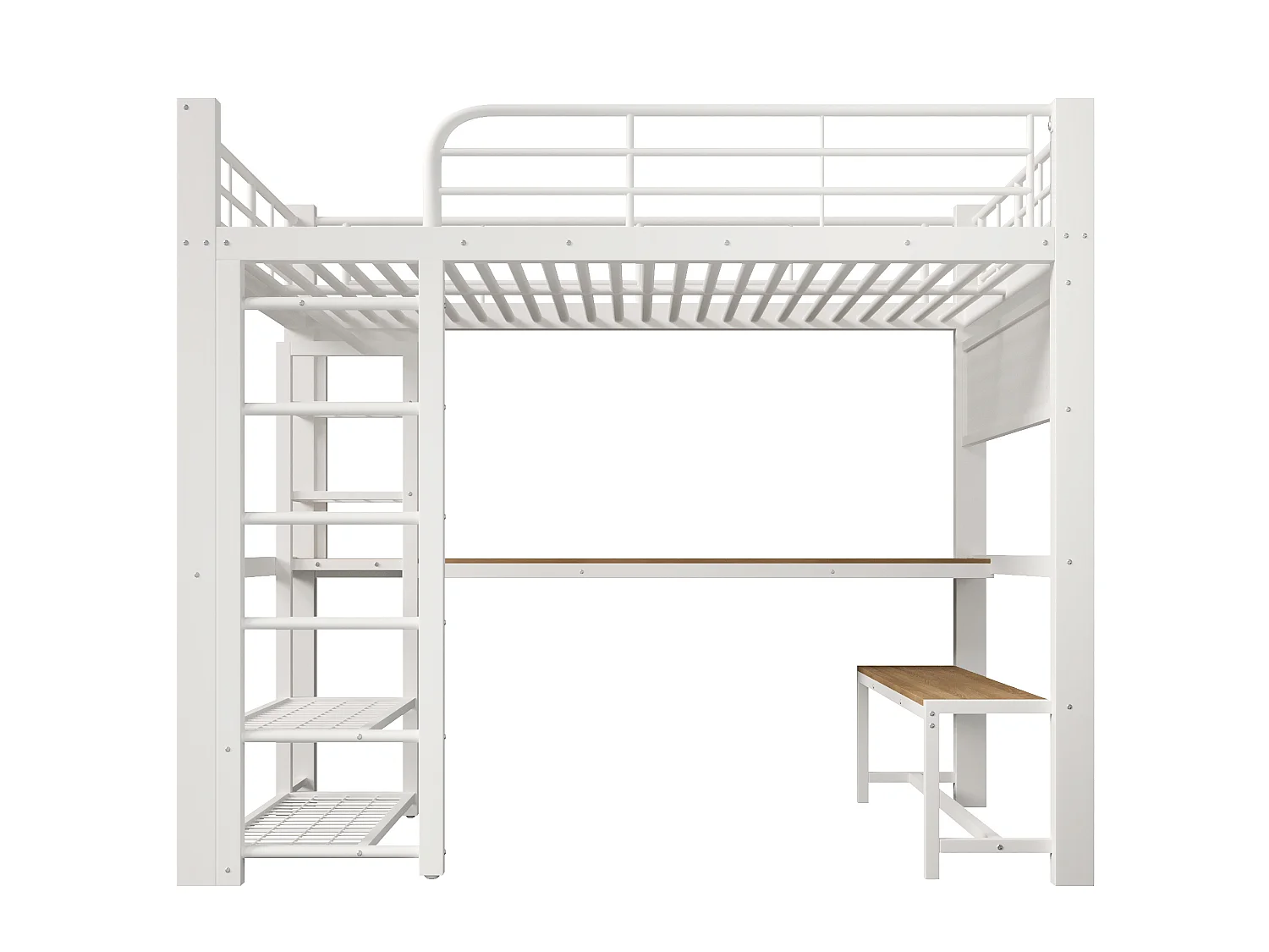 Lit mezzanine 140x200 cm en métal avec LED, étagères et bureau - Blanc