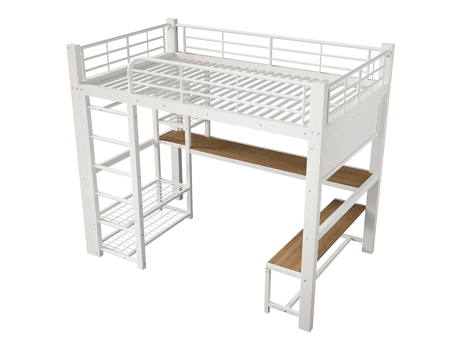 Lit mezzanine 140x200 cm en métal avec LED, étagères et bureau - Blanc