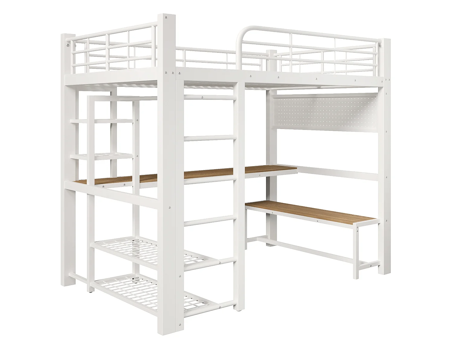 Lit mezzanine 140x200 cm en métal avec LED, étagères et bureau - Blanc