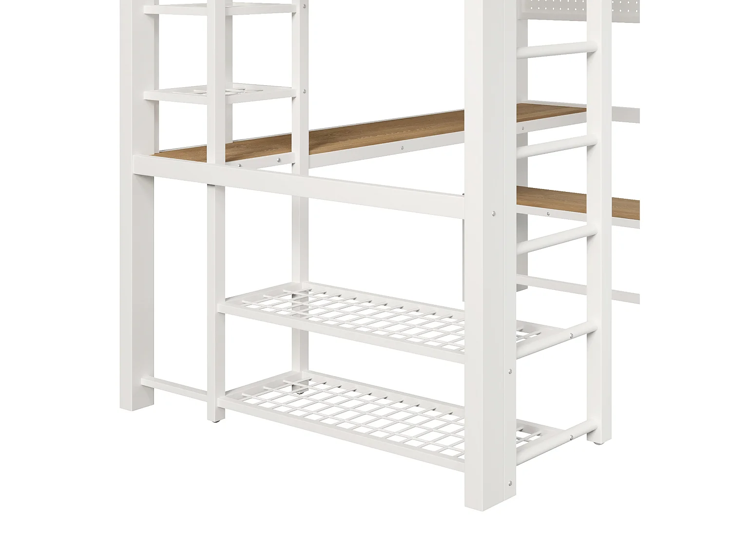 Lit mezzanine 140x200 cm en métal avec LED, étagères et bureau - Blanc