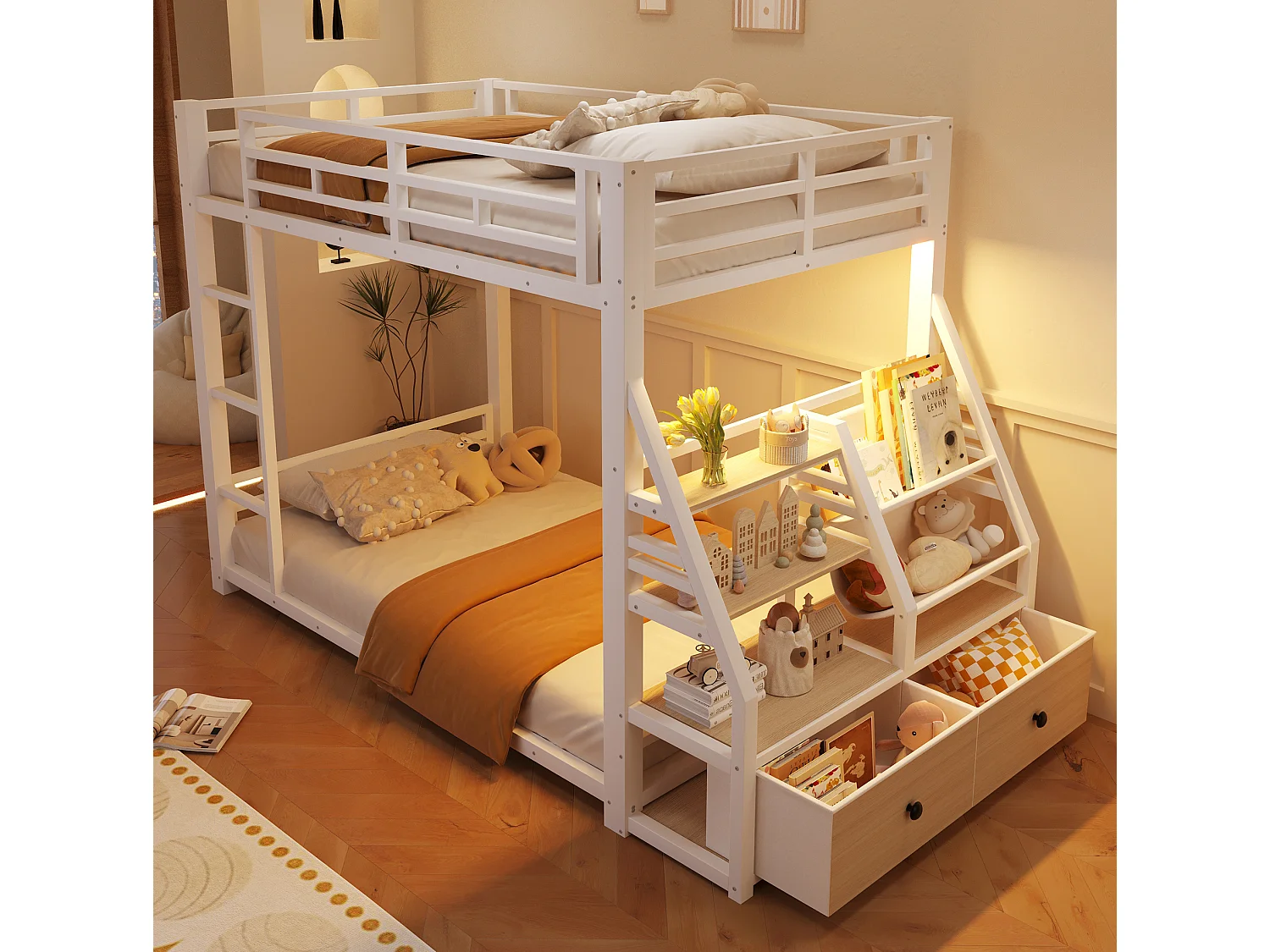 Lit superposé enfant 90 x 200 cm avec éclairage LED et 2 tiroirs en tissu - Métal et bois - Blanc