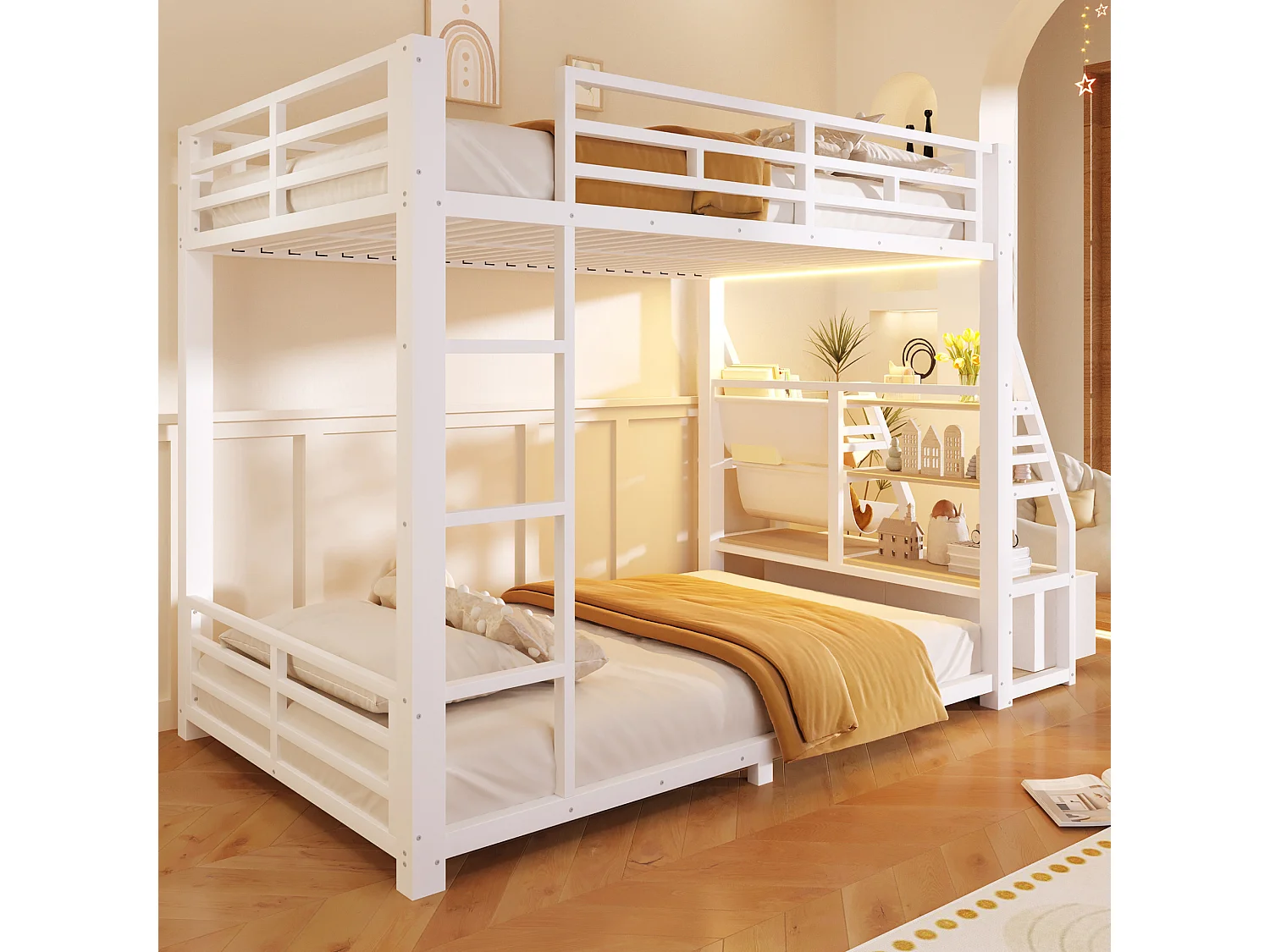 Lit superposé enfant 90 x 200 cm avec éclairage LED et 2 tiroirs en tissu - Métal et bois - Blanc