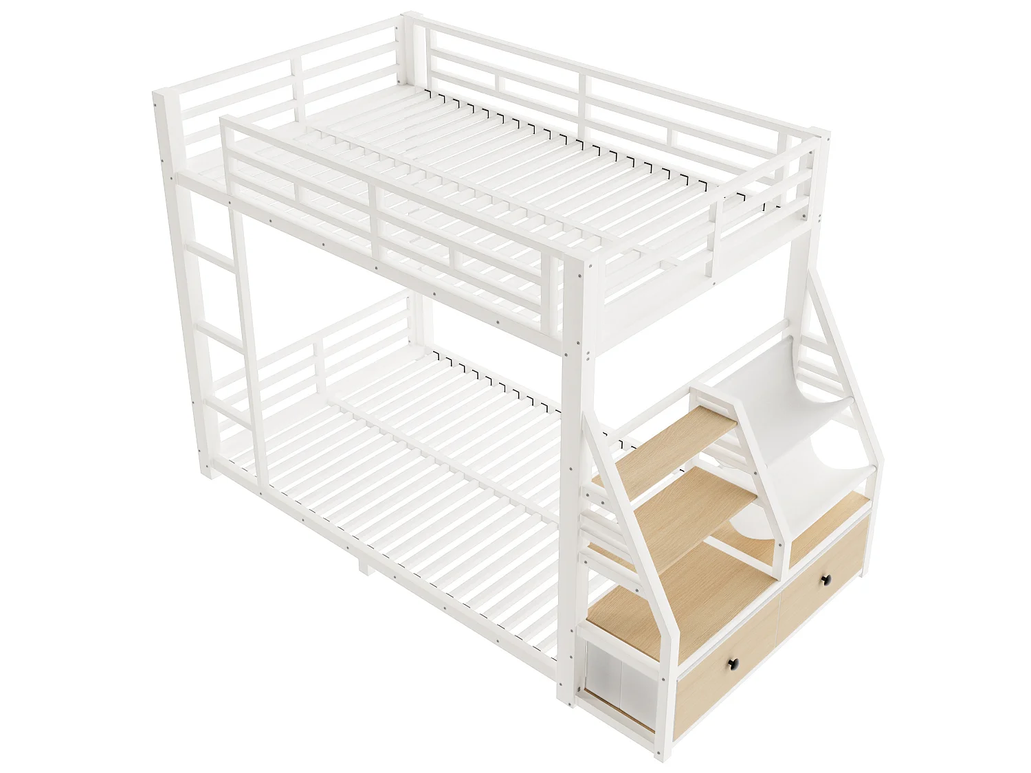 Lit superposé enfant 90 x 200 cm avec éclairage LED et 2 tiroirs en tissu - Métal et bois - Blanc