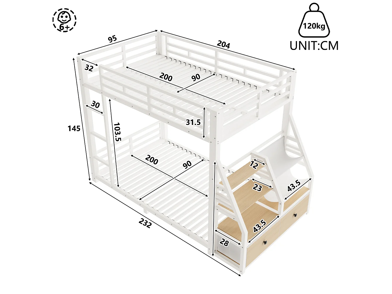 Lit superposé enfant 90 x 200 cm avec éclairage LED et 2 tiroirs en tissu - Métal et bois - Blanc