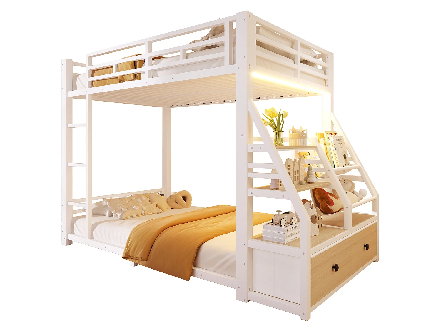 Lit superposé enfant 90 x 200 cm avec éclairage LED et 2 tiroirs en tissu - Métal et bois - Blanc