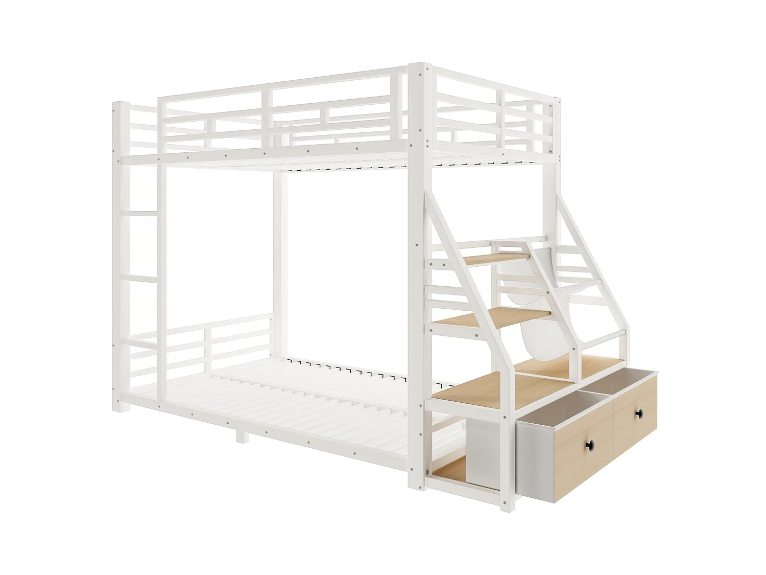 Lit superposé enfant 90 x 200 cm avec éclairage LED et 2 tiroirs en tissu - Métal et bois - Blanc
