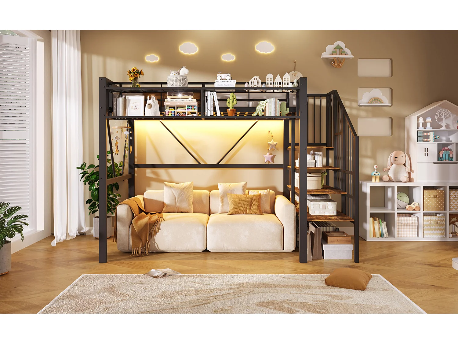Lit mezzanine enfant 90 x 200 cm avec étagère en escalier et LEDs - Structure en métal - Noir
