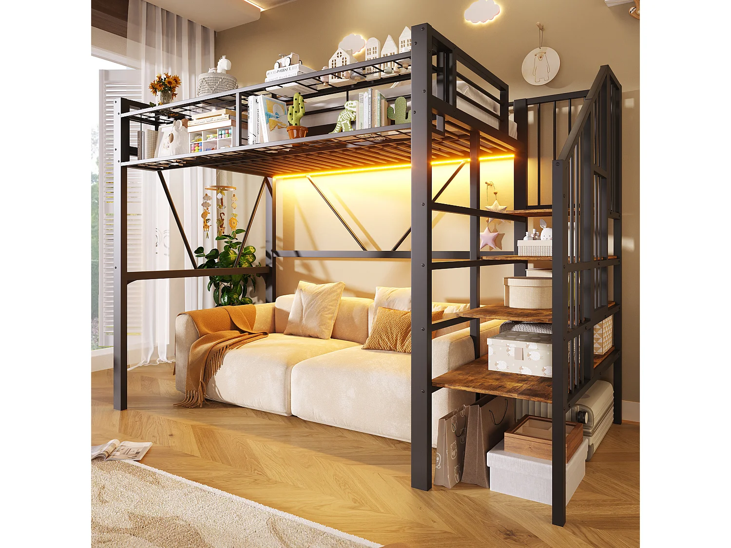 Lit mezzanine enfant 90 x 200 cm avec étagère en escalier et LEDs - Structure en métal - Noir