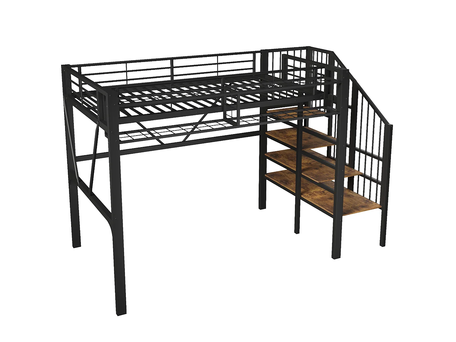 Lit mezzanine enfant 90 x 200 cm avec étagère en escalier et LEDs - Structure en métal - Noir