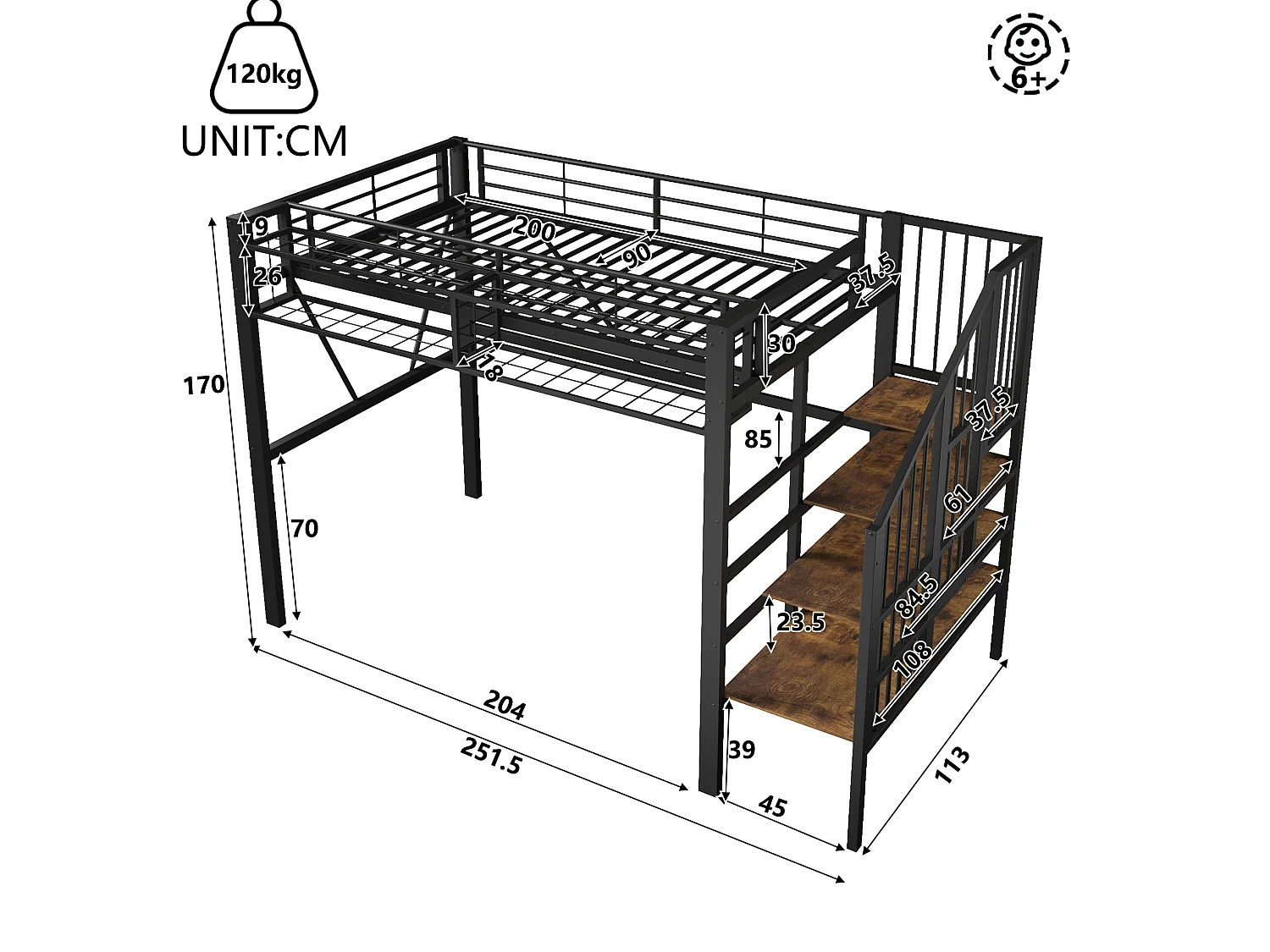 Lit mezzanine enfant 90 x 200 cm avec étagère en escalier et LEDs - Structure en métal - Noir