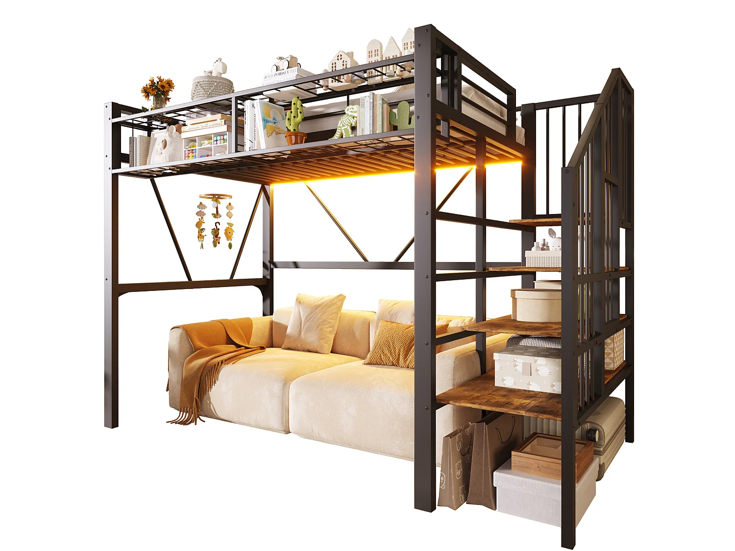 Lit mezzanine enfant 90 x 200 cm avec étagère en escalier et LEDs - Structure en métal - Noir