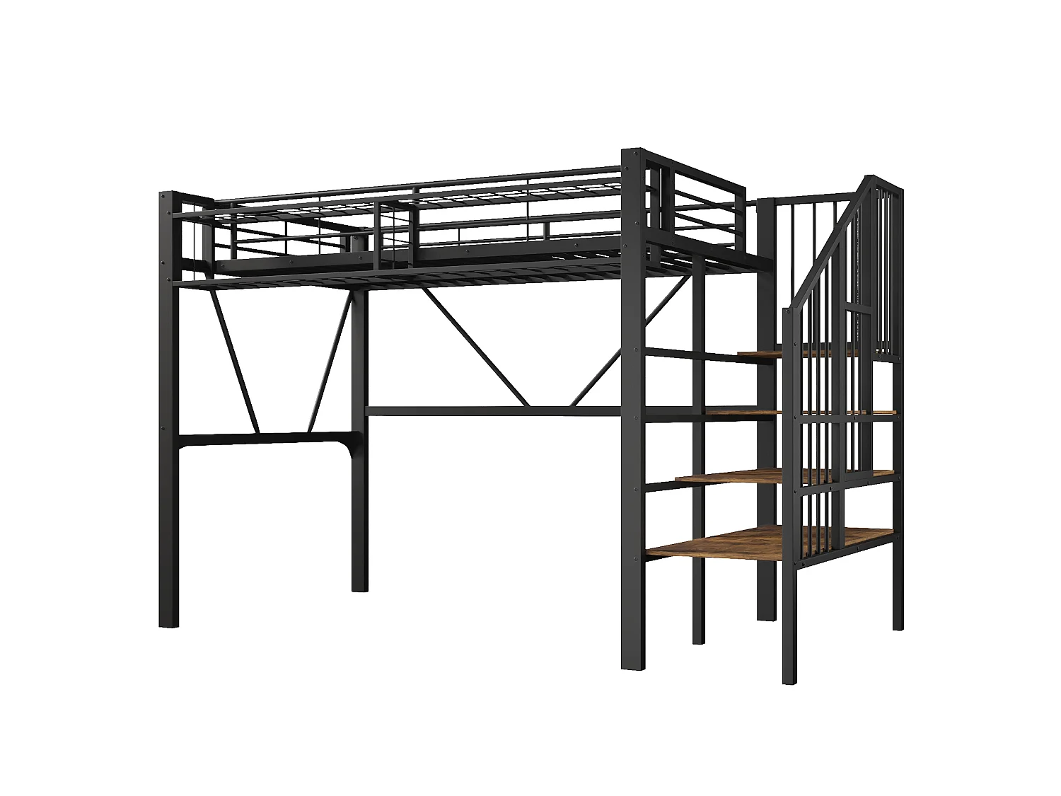 Lit mezzanine enfant 90 x 200 cm avec étagère en escalier et LEDs - Structure en métal - Noir