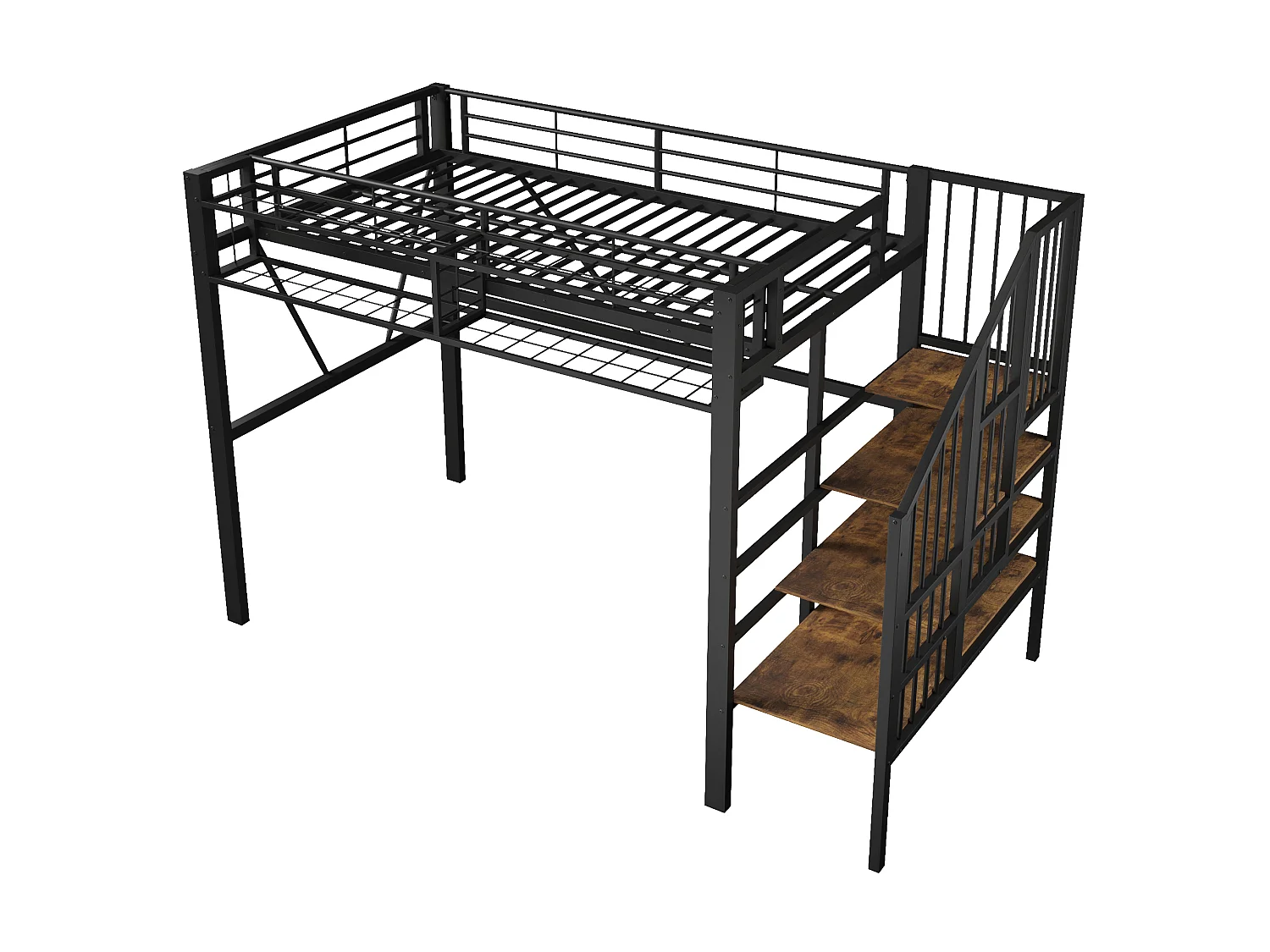 Lit mezzanine enfant 90 x 200 cm avec étagère en escalier et LEDs - Structure en métal - Noir
