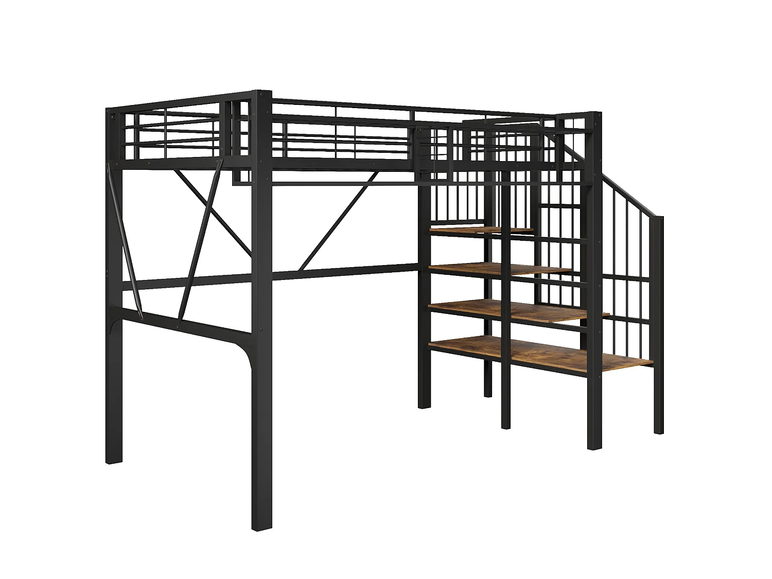 Lit mezzanine enfant 90 x 200 cm avec étagère en escalier et LEDs - Structure en métal - Noir