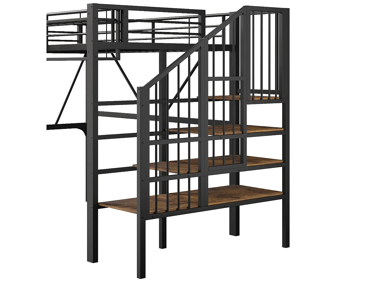 Lit mezzanine enfant 90 x 200 cm avec étagère en escalier et LEDs - Structure en métal - Noir