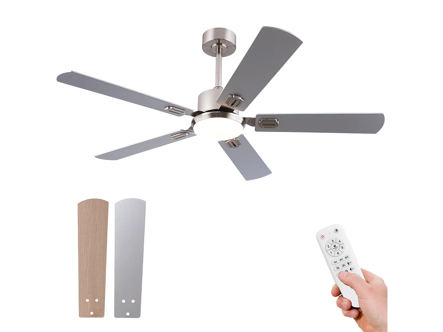 Ventilateur de plafond argenté de 132 cm avec lumière et télécommande et 6 vitesses