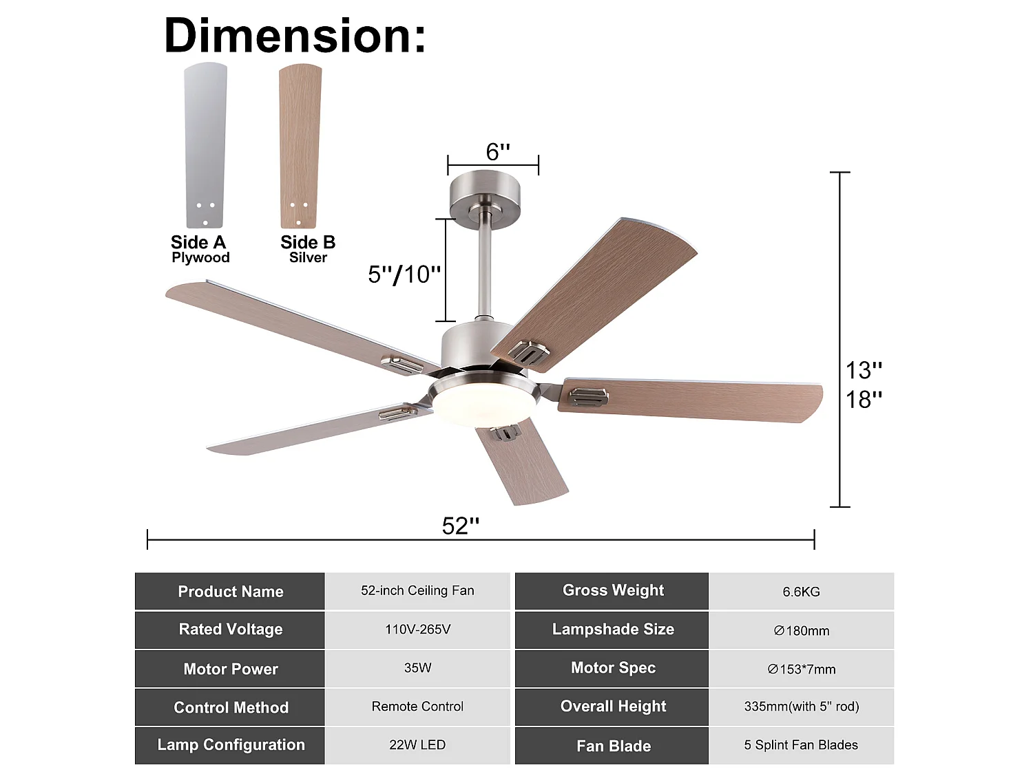 Ventilateur de plafond argenté de 132 cm avec lumière et télécommande et 6 vitesses