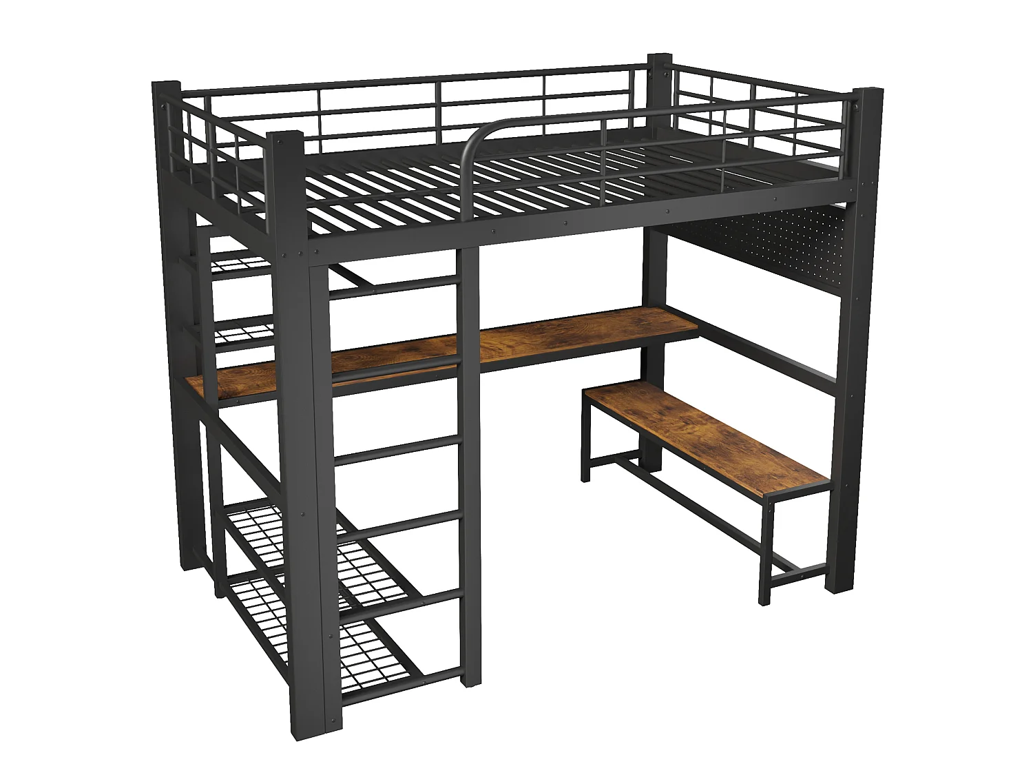 Lit mezzanine 140x200 cm en métal avec LED, étagères et bureau - Noir