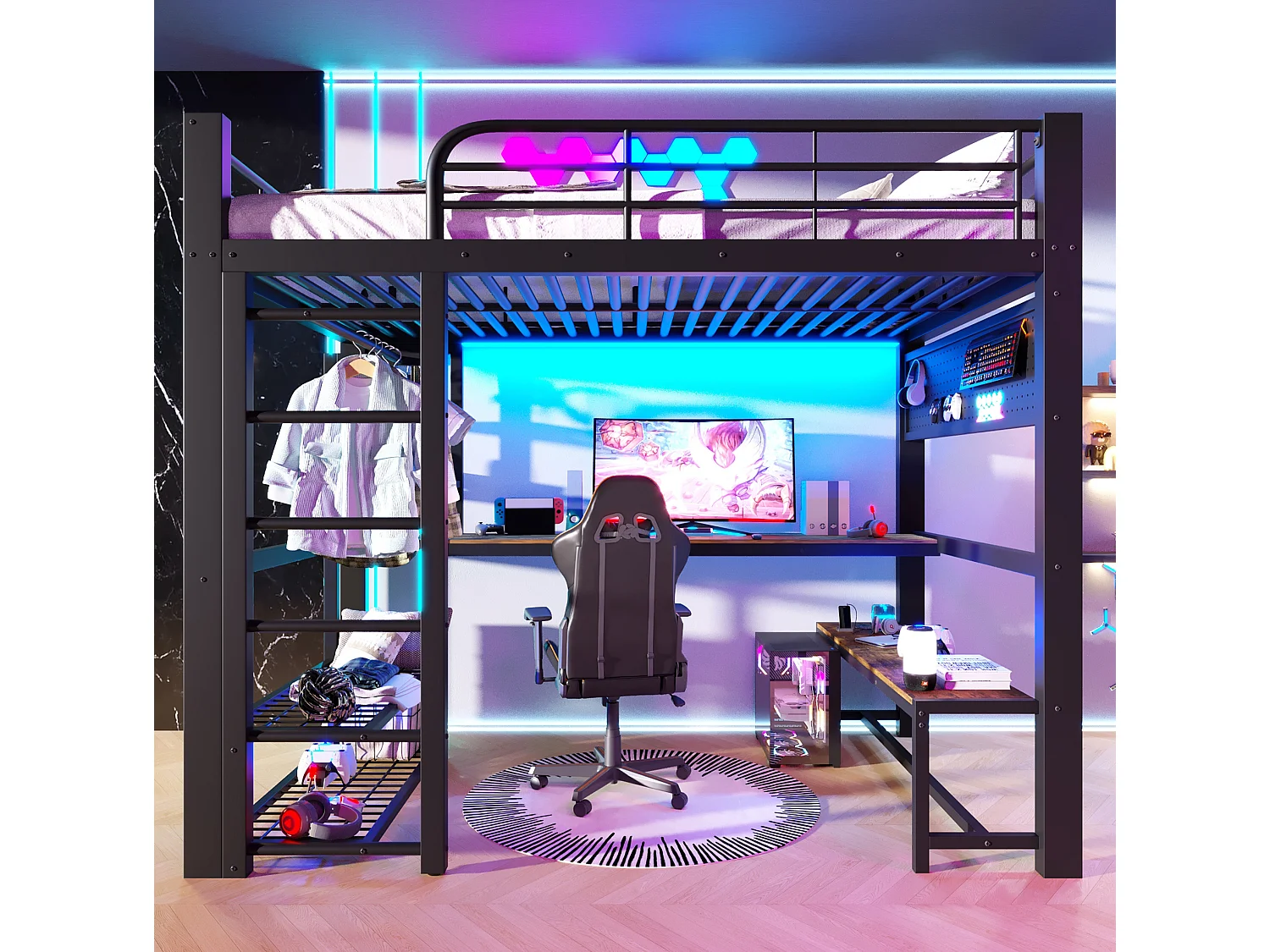 Lit mezzanine 140x200 cm en métal avec LED, étagères et bureau - Noir