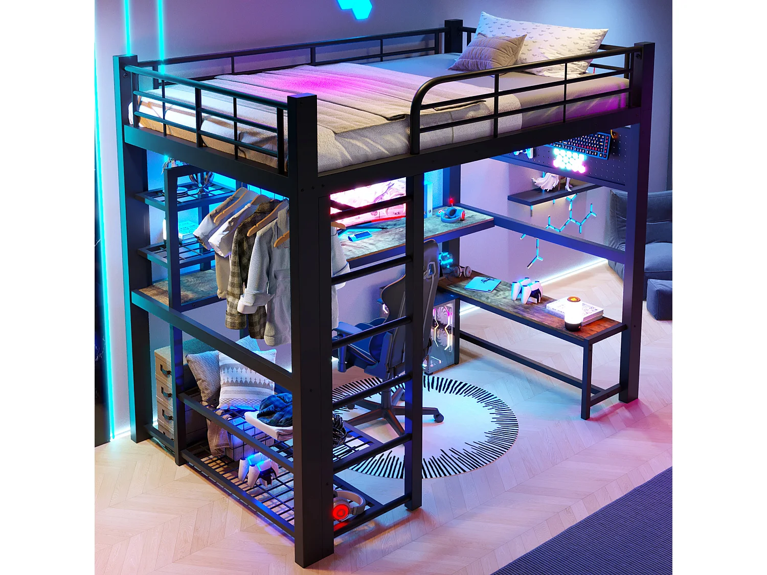 Lit mezzanine 140x200 cm en métal avec LED, étagères et bureau - Noir