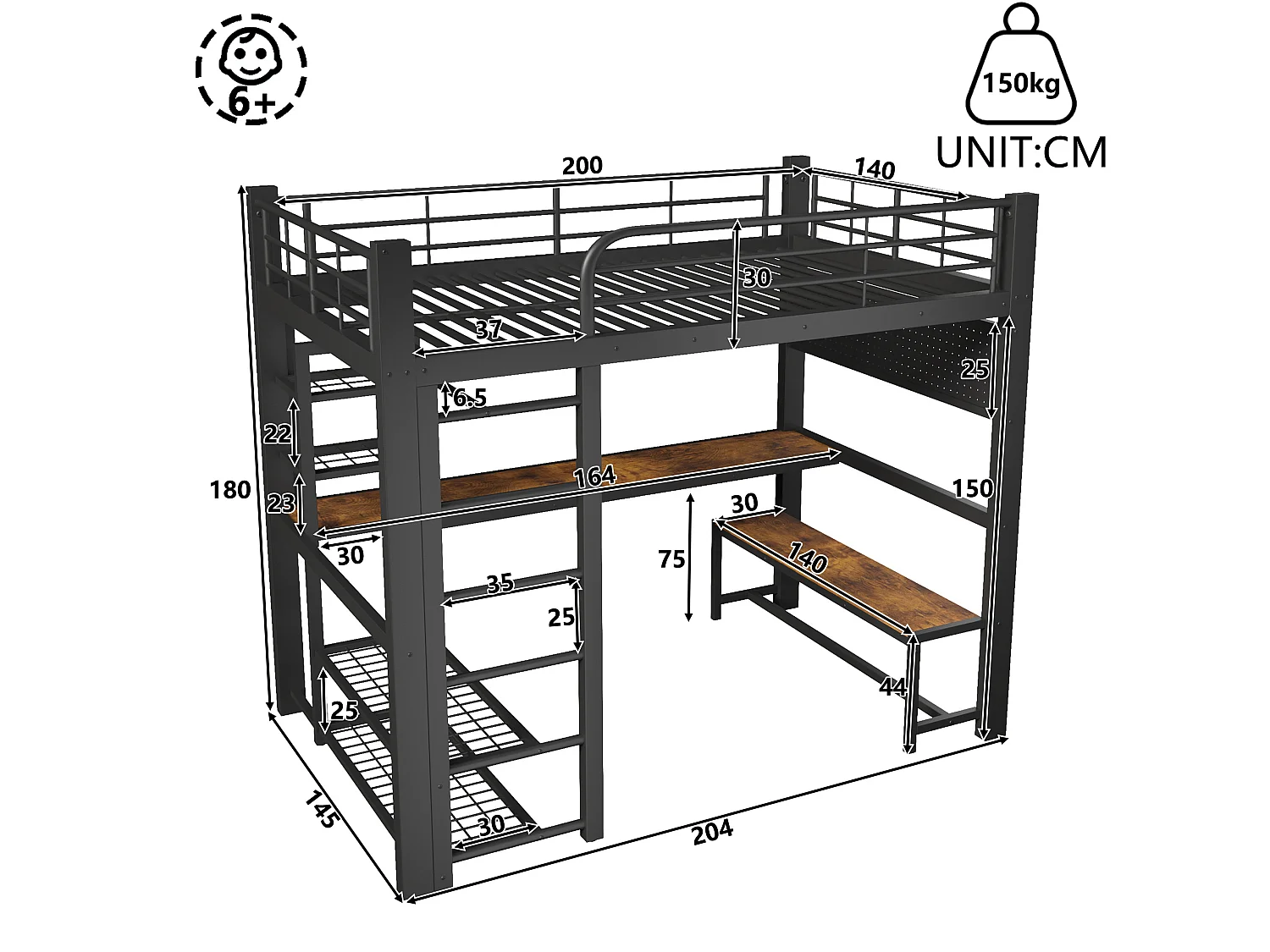 Lit mezzanine 140x200 cm en métal avec LED, étagères et bureau - Noir