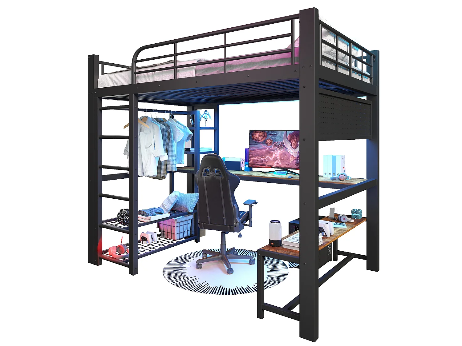 Lit mezzanine 140x200 cm en métal avec LED, étagères et bureau - Noir