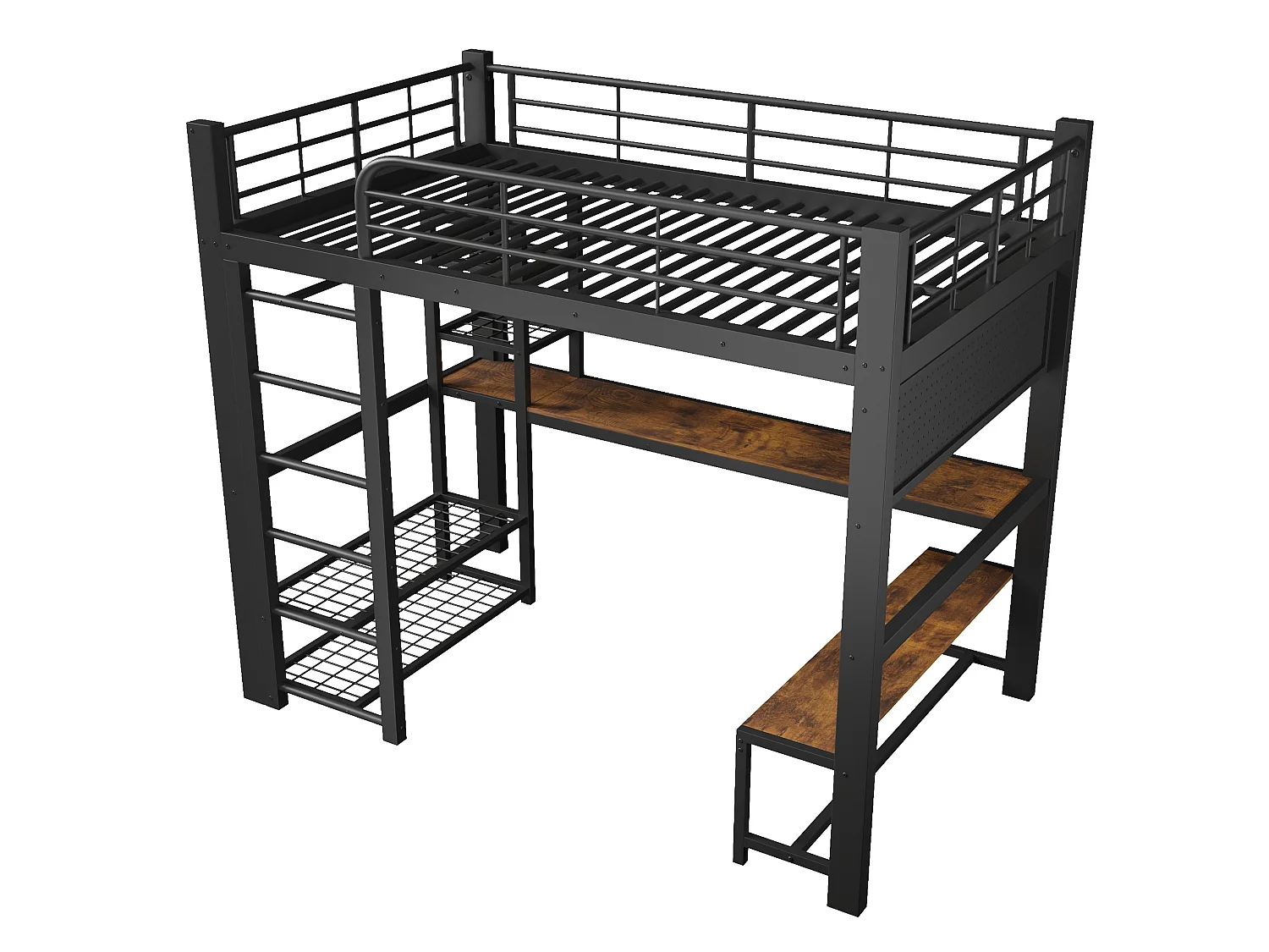 Lit mezzanine 140x200 cm en métal avec LED, étagères et bureau - Noir