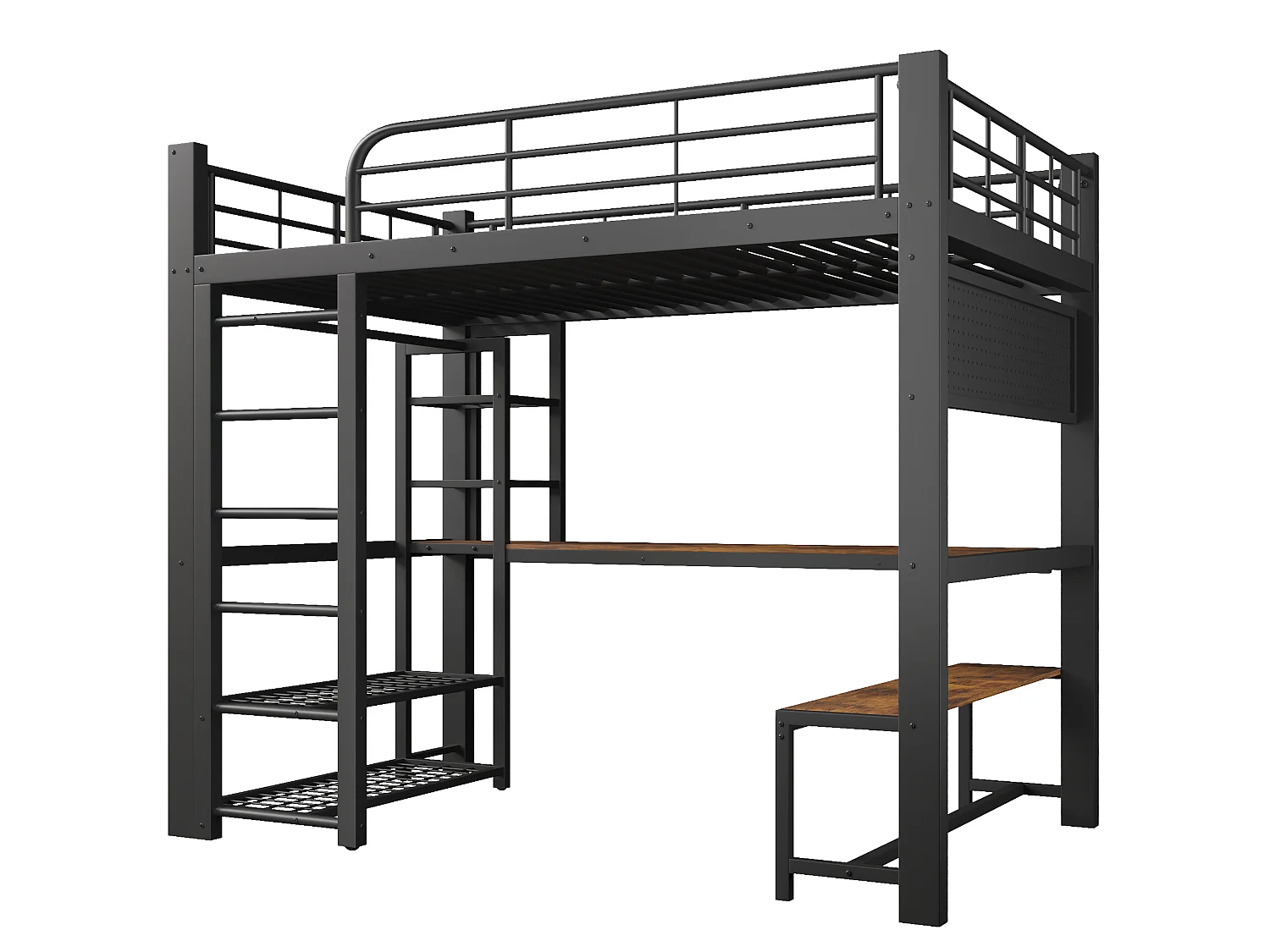Lit mezzanine 140x200 cm en métal avec LED, étagères et bureau - Noir