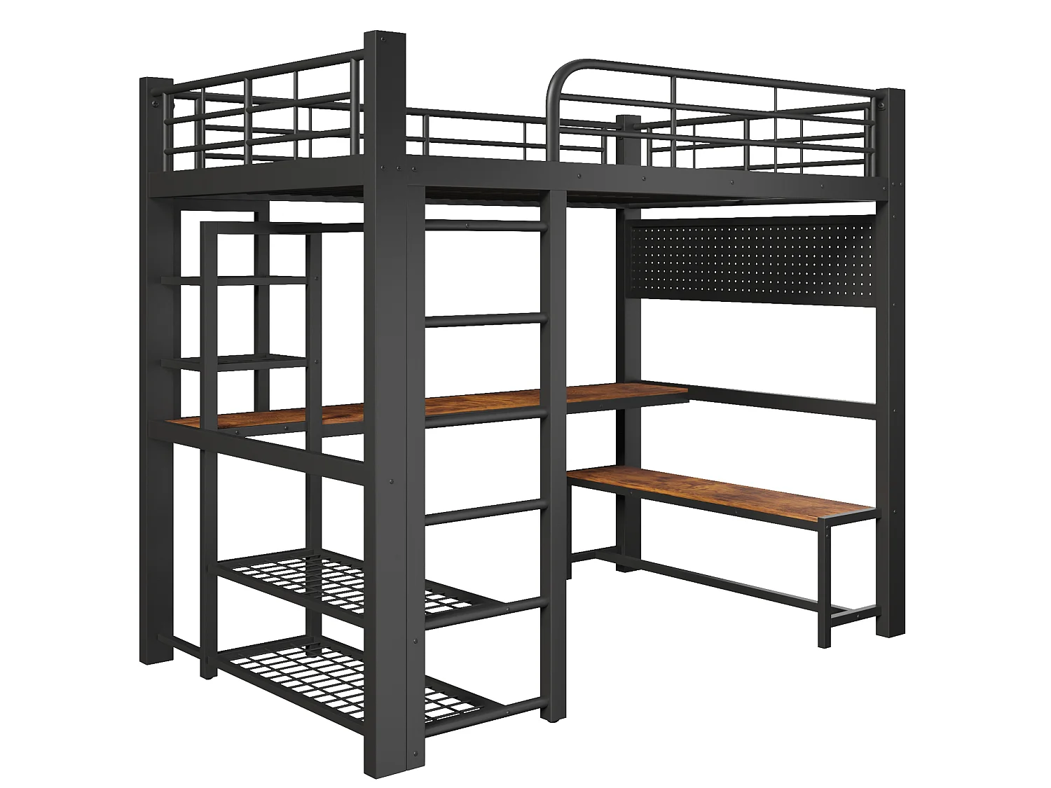 Lit mezzanine 140x200 cm en métal avec LED, étagères et bureau - Noir