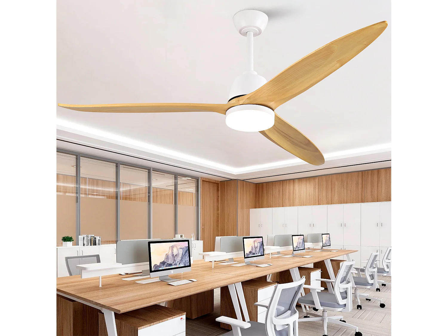 Ventilateur de plafond moderne avec intensité lumineuse réglable , 3 pales, 6 vitesses - Blanc et bois