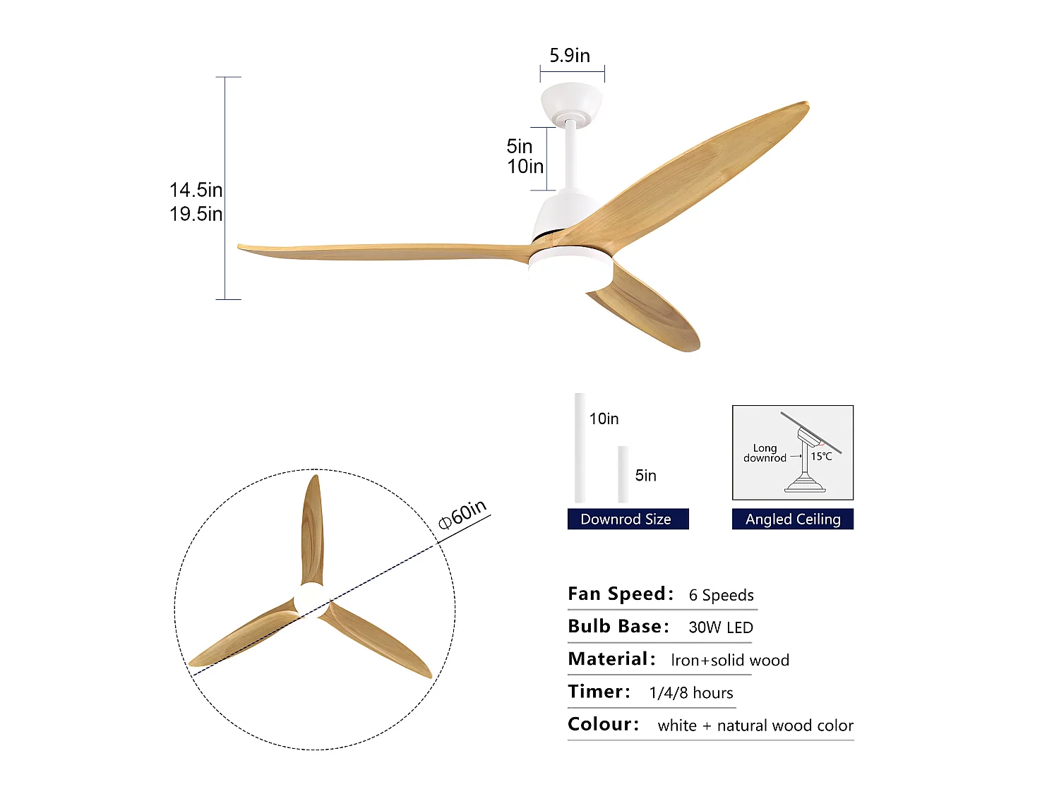 Ventilateur de plafond moderne avec intensité lumineuse réglable , 3 pales, 6 vitesses - Blanc et bois